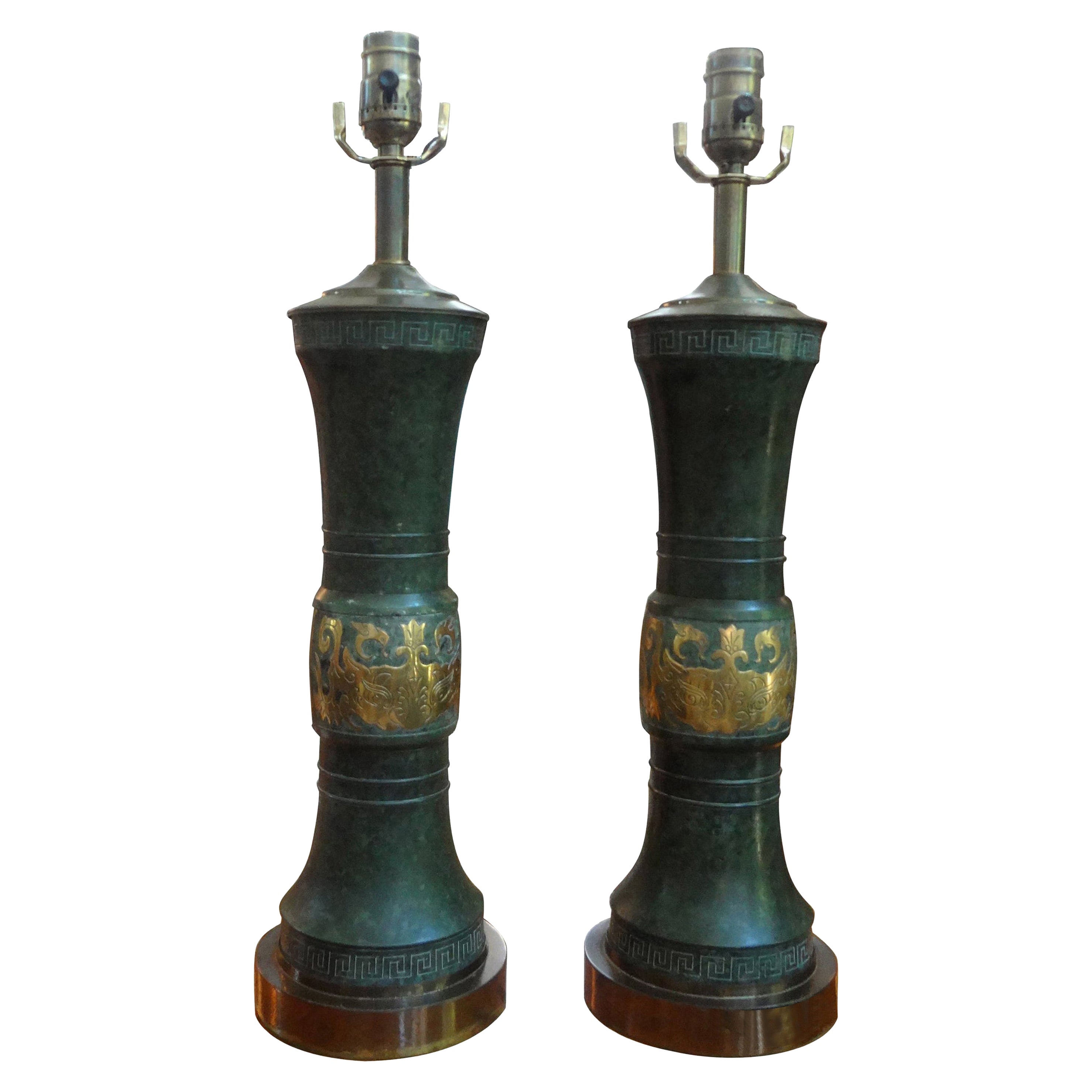 Pair of James Mont Style Lamps with Greek Key Design
