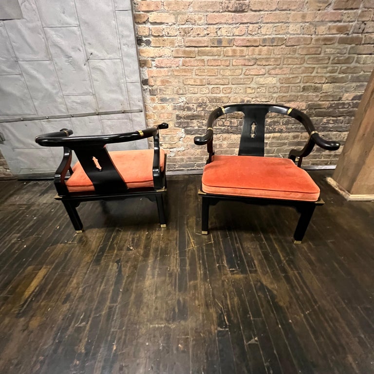 Pair of James Mont Style Mid-Century Lacquered Horseshoe Chairs by