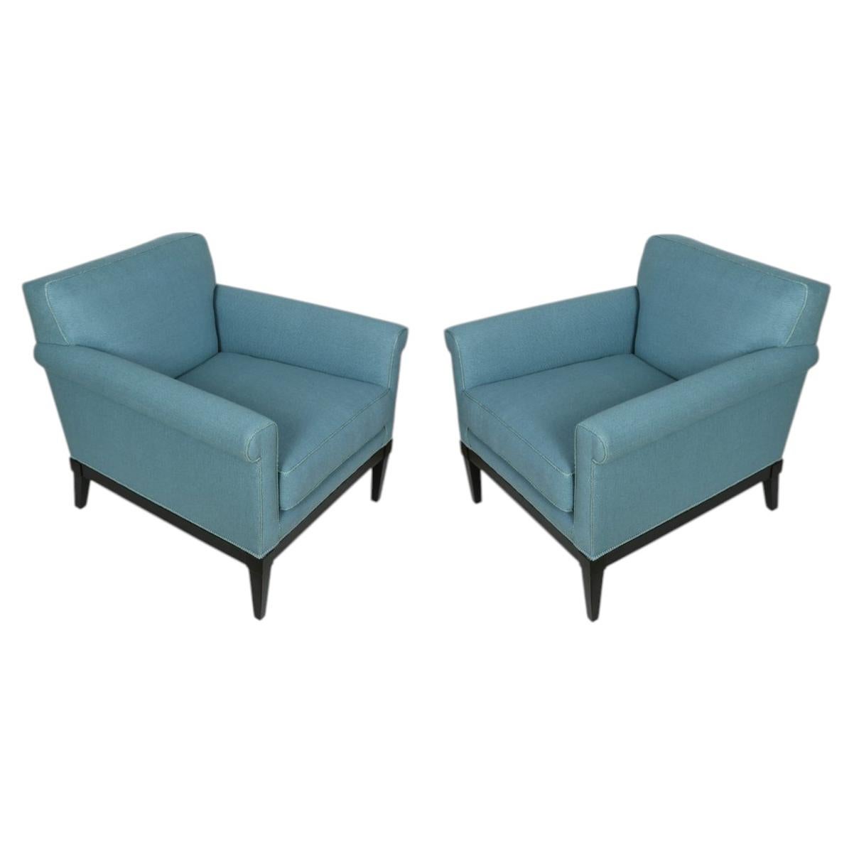 Pair of James Mont Style Vintage Armchairs in Blue Raw Silk