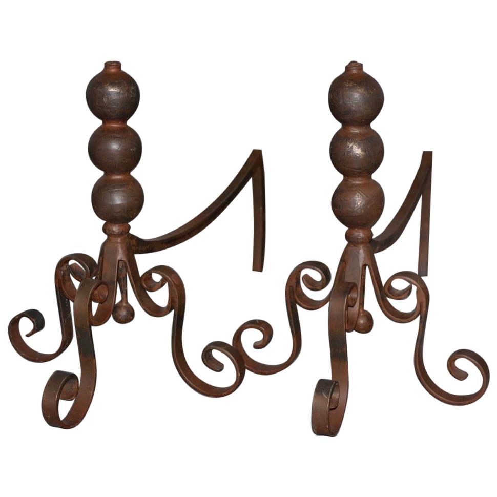 Pair of Jan Barboglio Wrought Iron Andirons For Sale