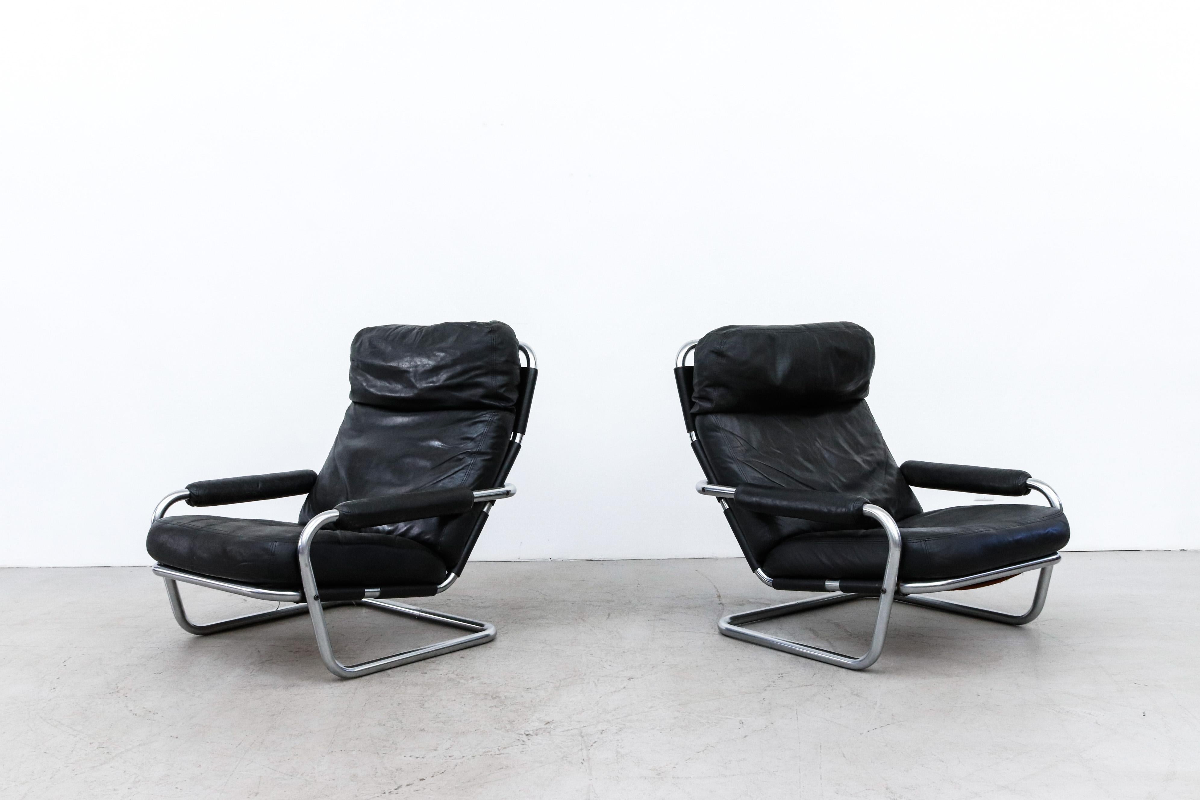 Mid-Century Modern Pair of Jan Des Bouvrie Model S601 Leather Lounge Chairs for Gelderland