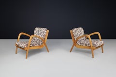 Pair of Jan Vaněk Curved Easy Chairs in Ash with Original Upholstery, CZ 1950s