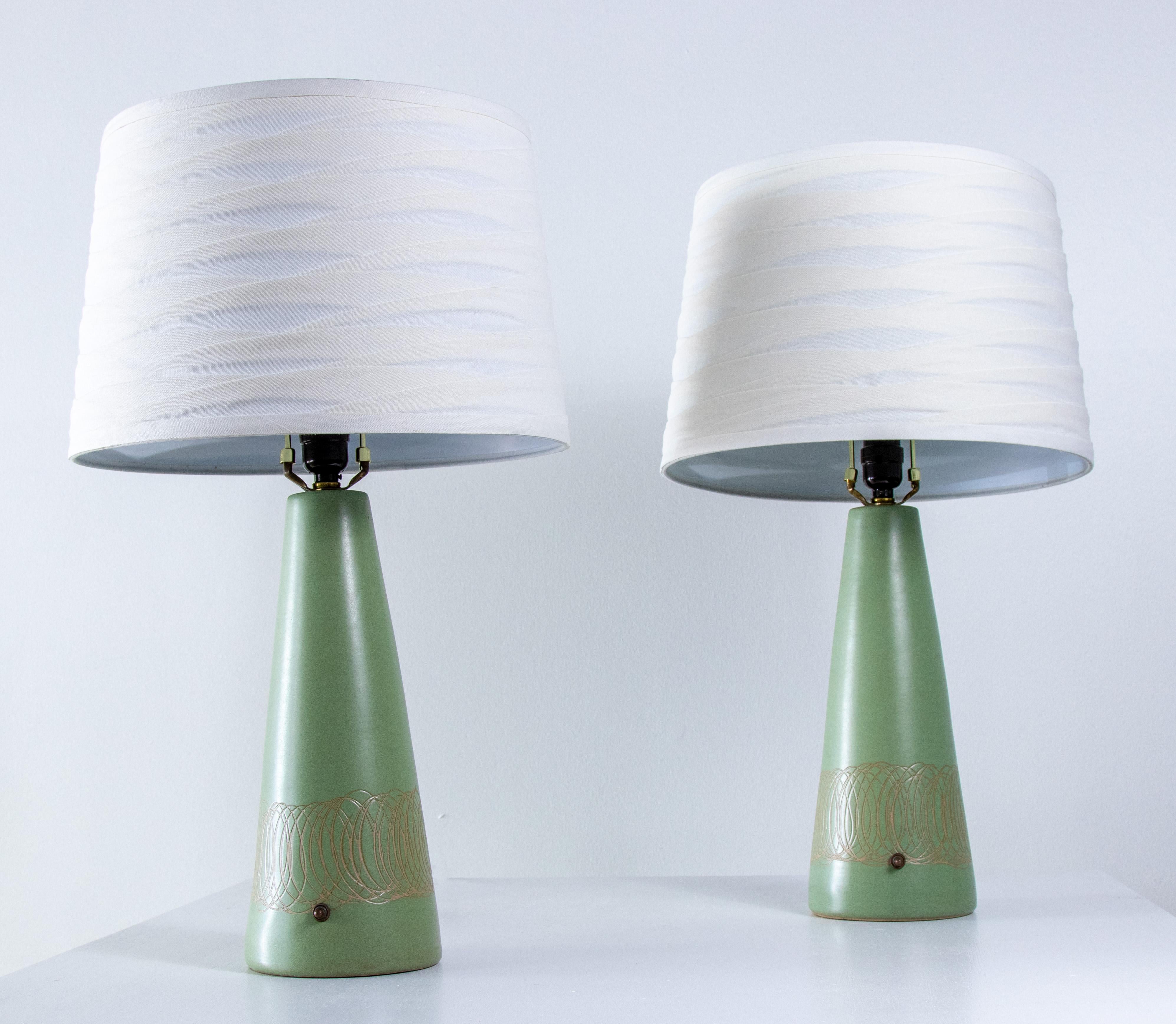 Pair of Jane and Gordon Martz Lamps in Seafoam Green with Tan Incising In Good Condition In St.Petersburg, FL