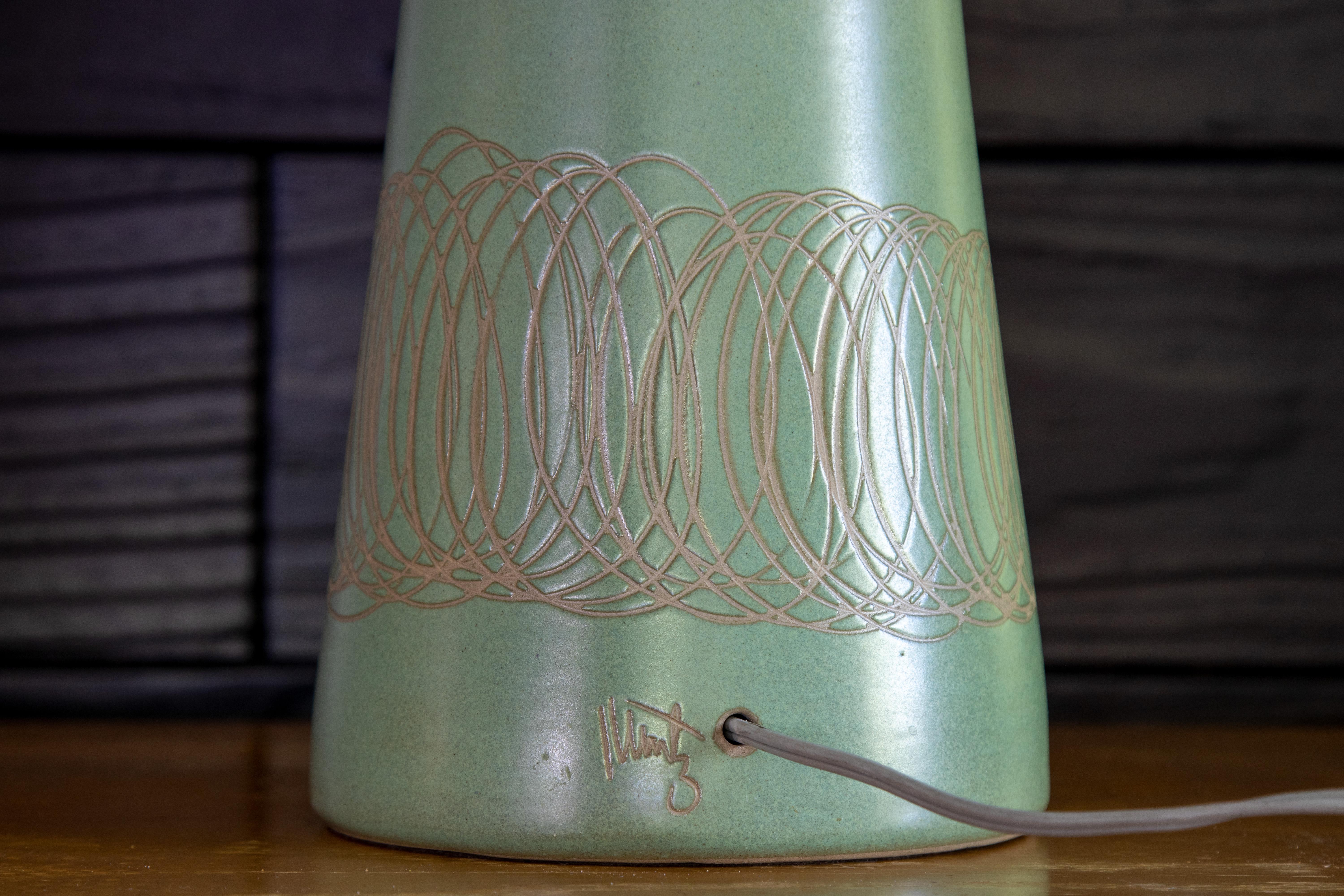 Pair of Jane and Gordon Martz Lamps in Seafoam Green with Tan Incising 1
