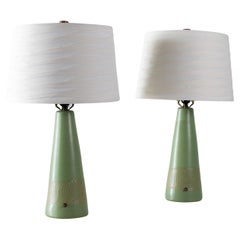 Pair of Jane and Gordon Martz Lamps in Seafoam Green with tan incising