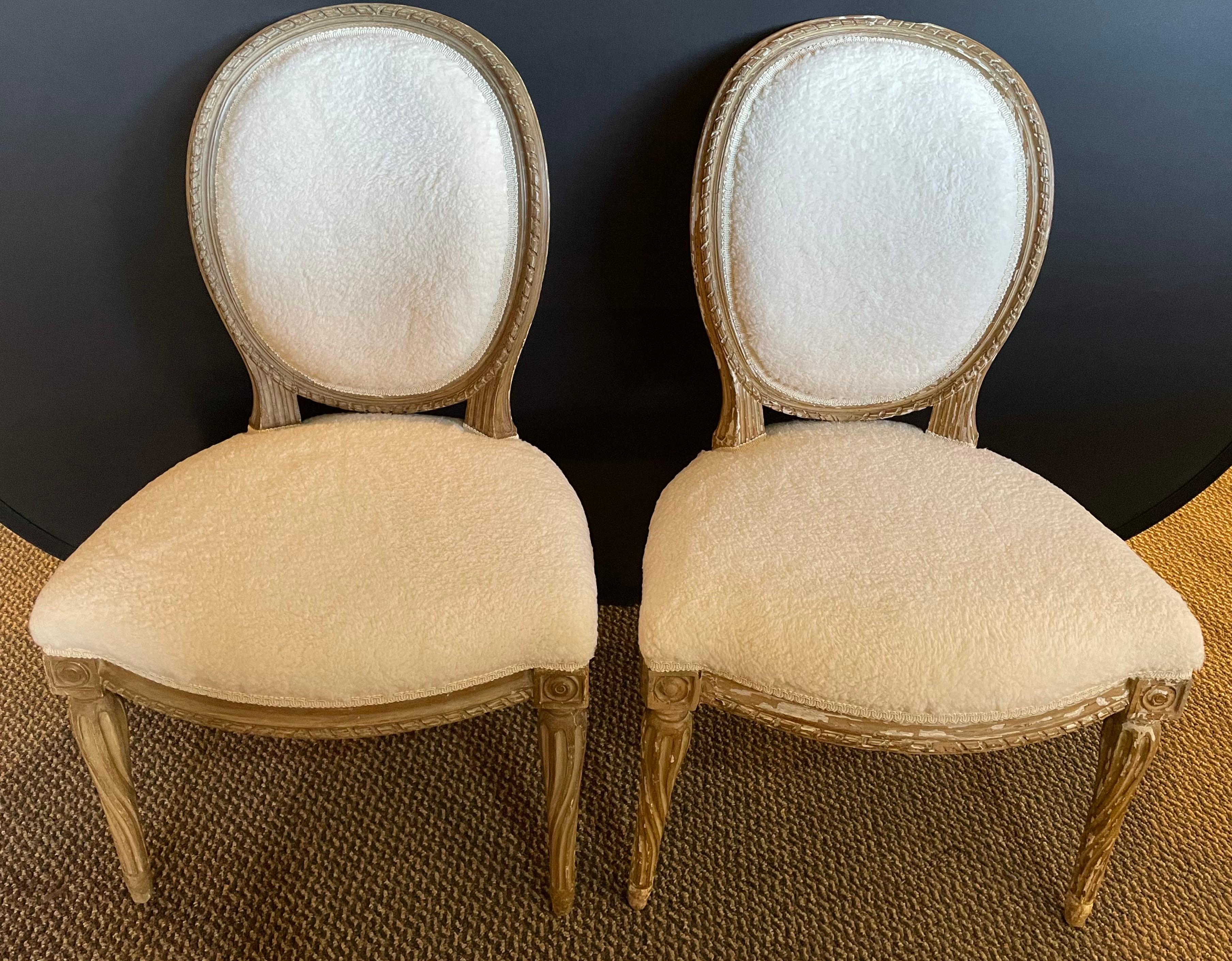 Hollywood Regency Pair of Jansen Distressed Sherpa Upholstered Side Chairs For Sale