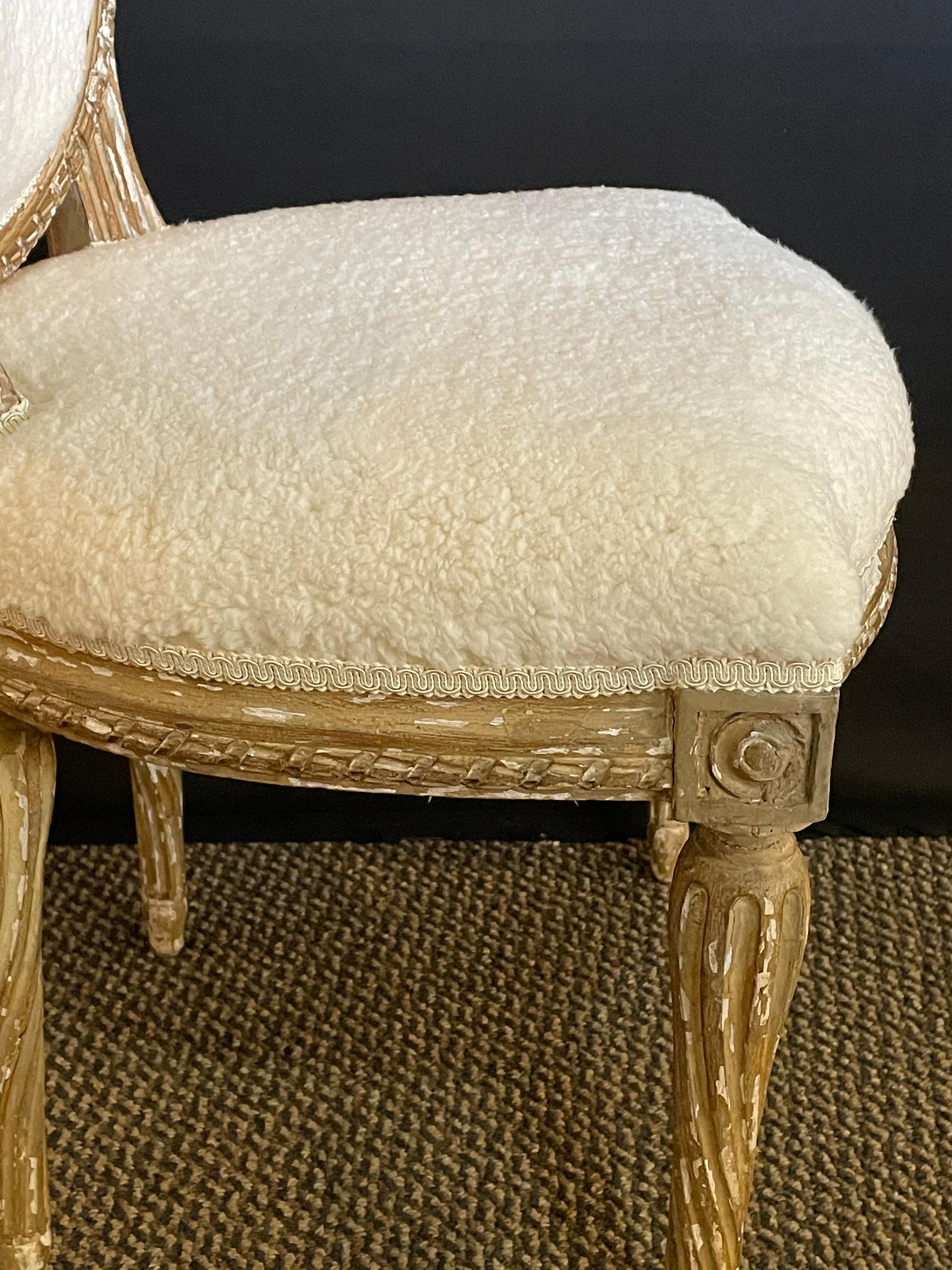 Pair of Jansen Distressed Sherpa Upholstered Side Chairs In Good Condition For Sale In Stamford, CT