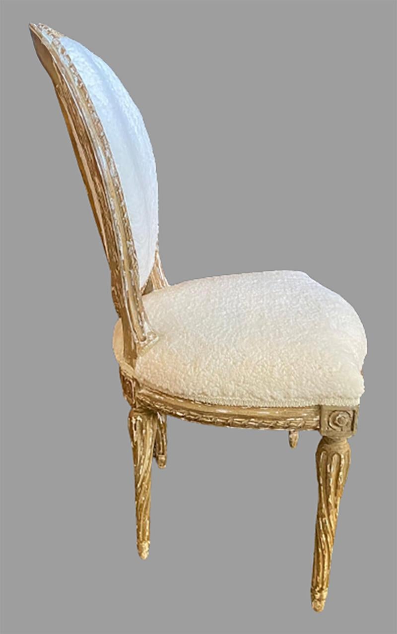 French Pair of Jansen Distressed Sherpa Upholstered Side Chairs For Sale