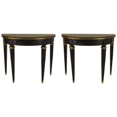 Pair of Jansen French Louis XVI Style Ebonized Demilune Console Tables
