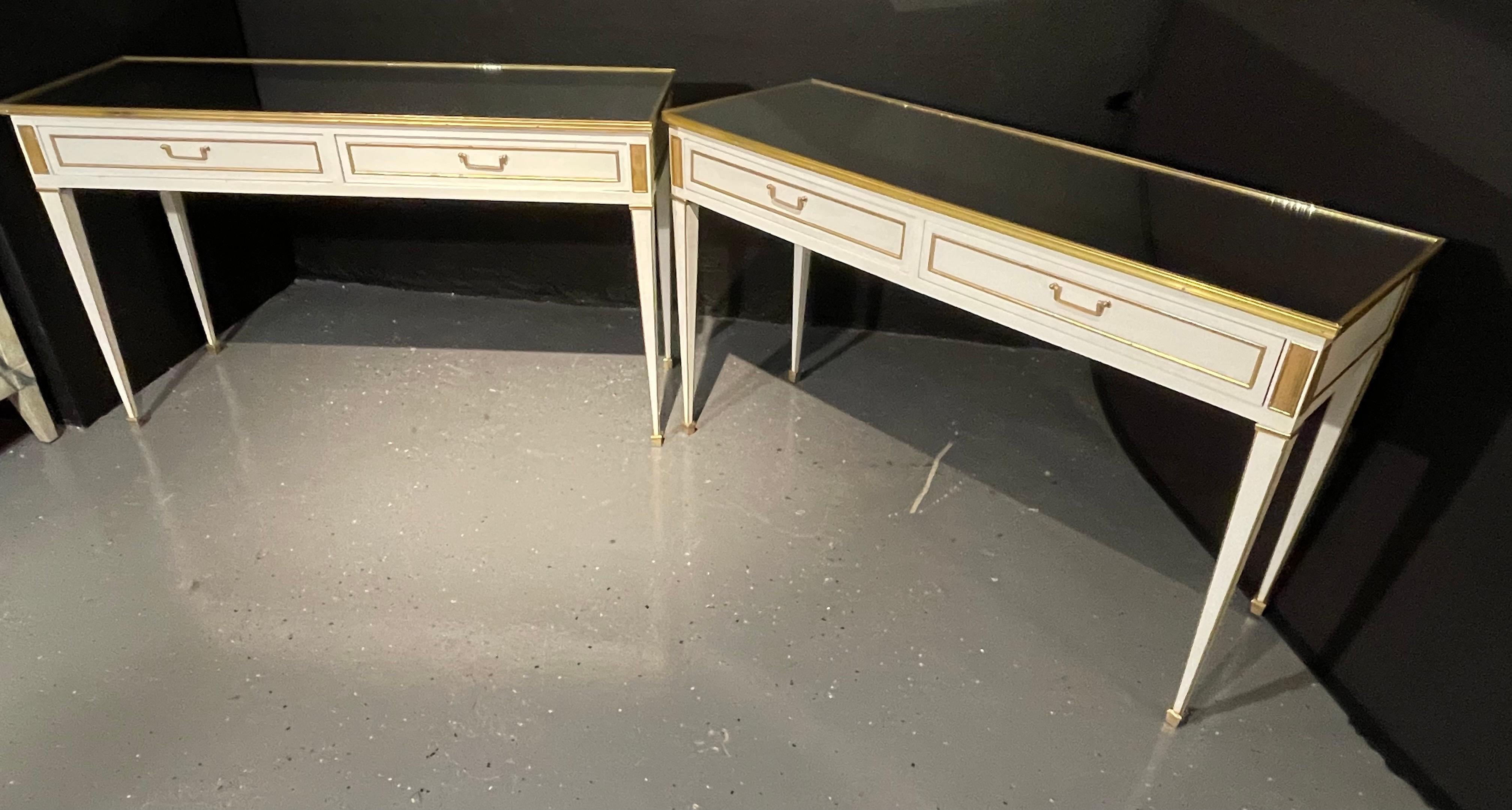 Pair of Jansen Hollywood Regency Style Console / Sofa Tables, Mirrored & Painted In Good Condition In Manhasset, NY