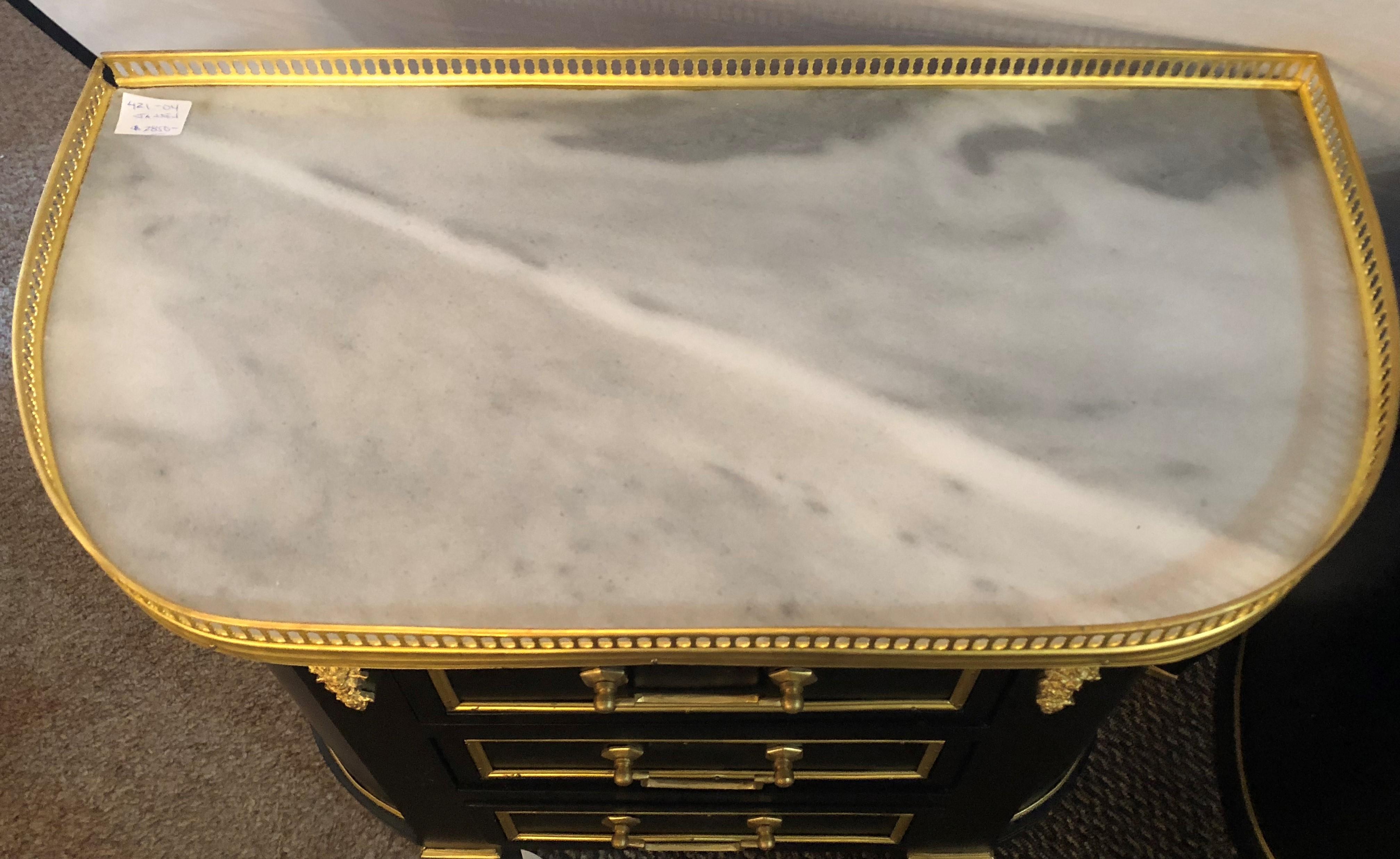 20th Century Pair of Jansen Inspired Marble-Top Galleried Ebonized End Tables