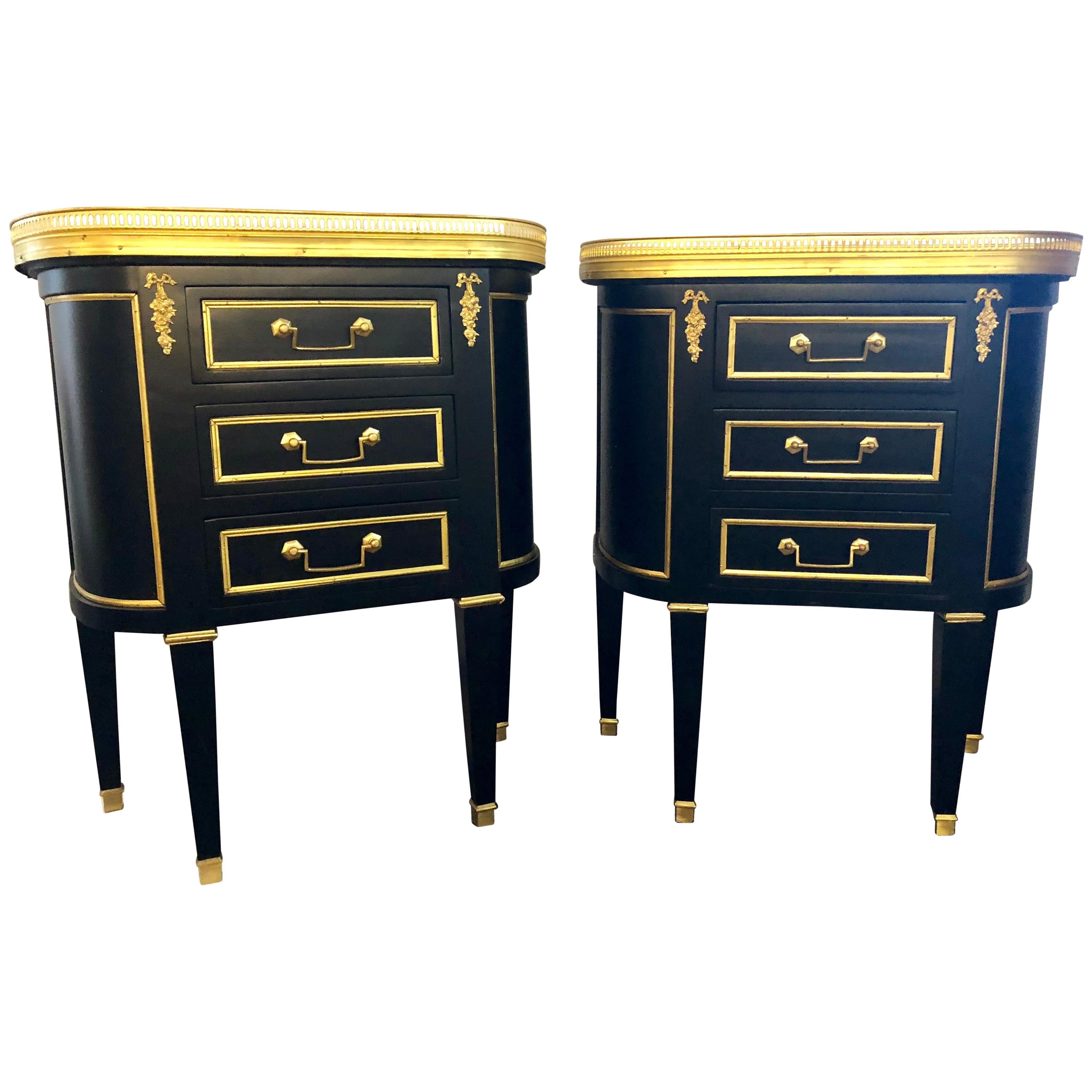 Pair of Jansen Inspired Marble-Top Galleried Ebonized End Tables