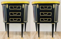 Pair of Jansen Inspired Marble-Top Galleried Ebonized End Tables / Nightstands