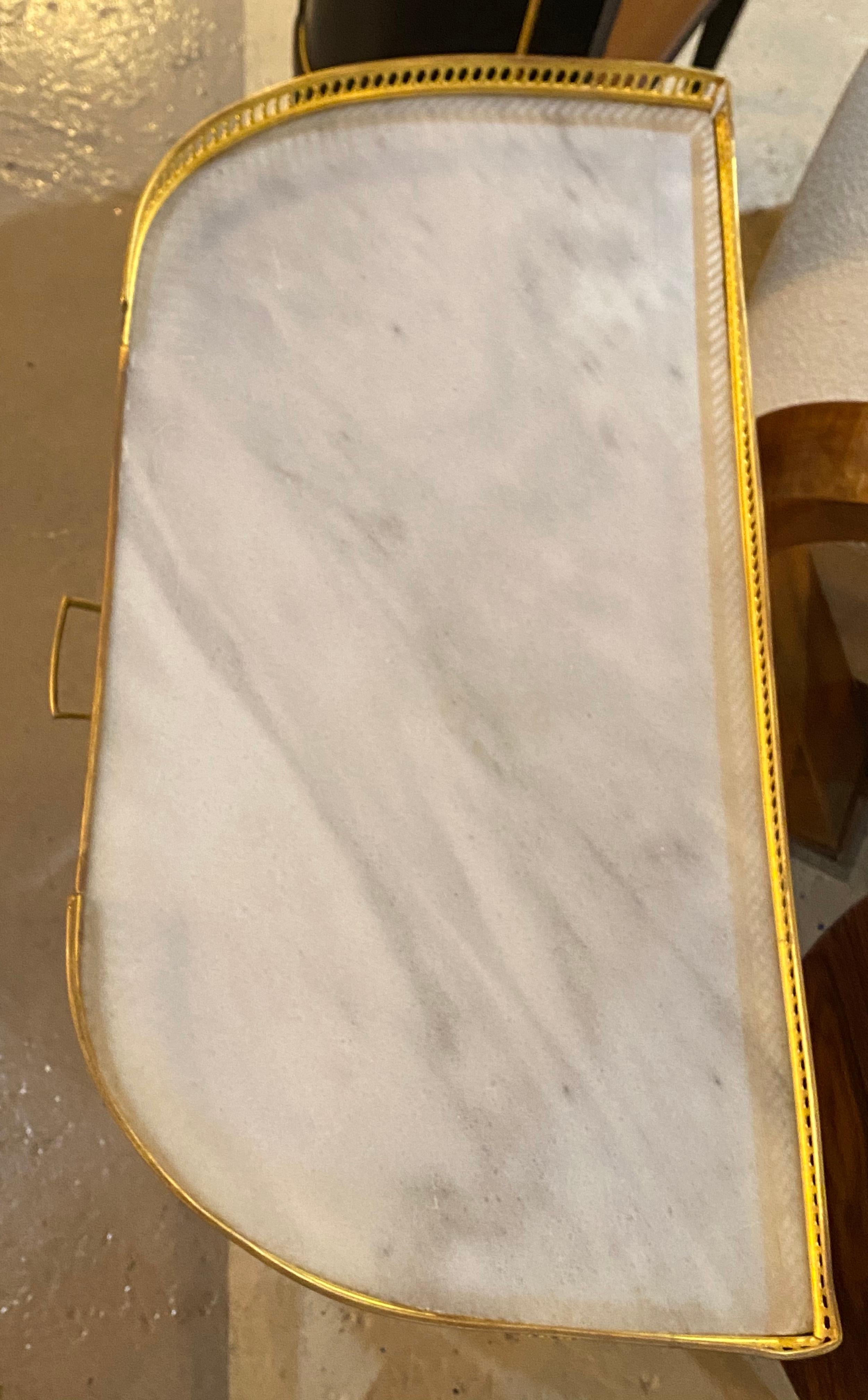 20th Century Pair of Jansen Inspired Marble-Top Galleried Ebonized End Tables / Nightstands