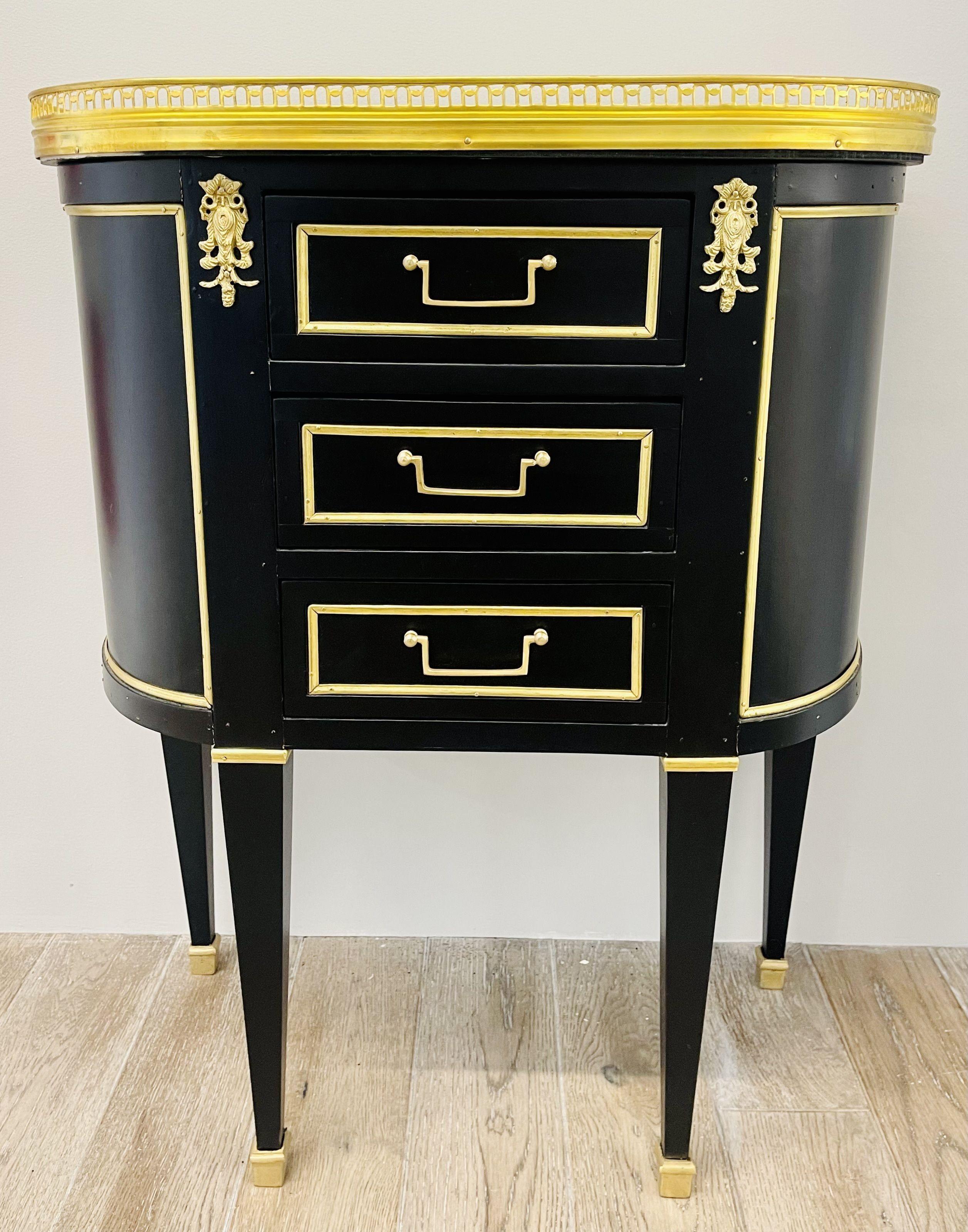 Wood Pair of Jansen Inspired Marble-Top Galleried Ebonized End Tables / Nightstands For Sale