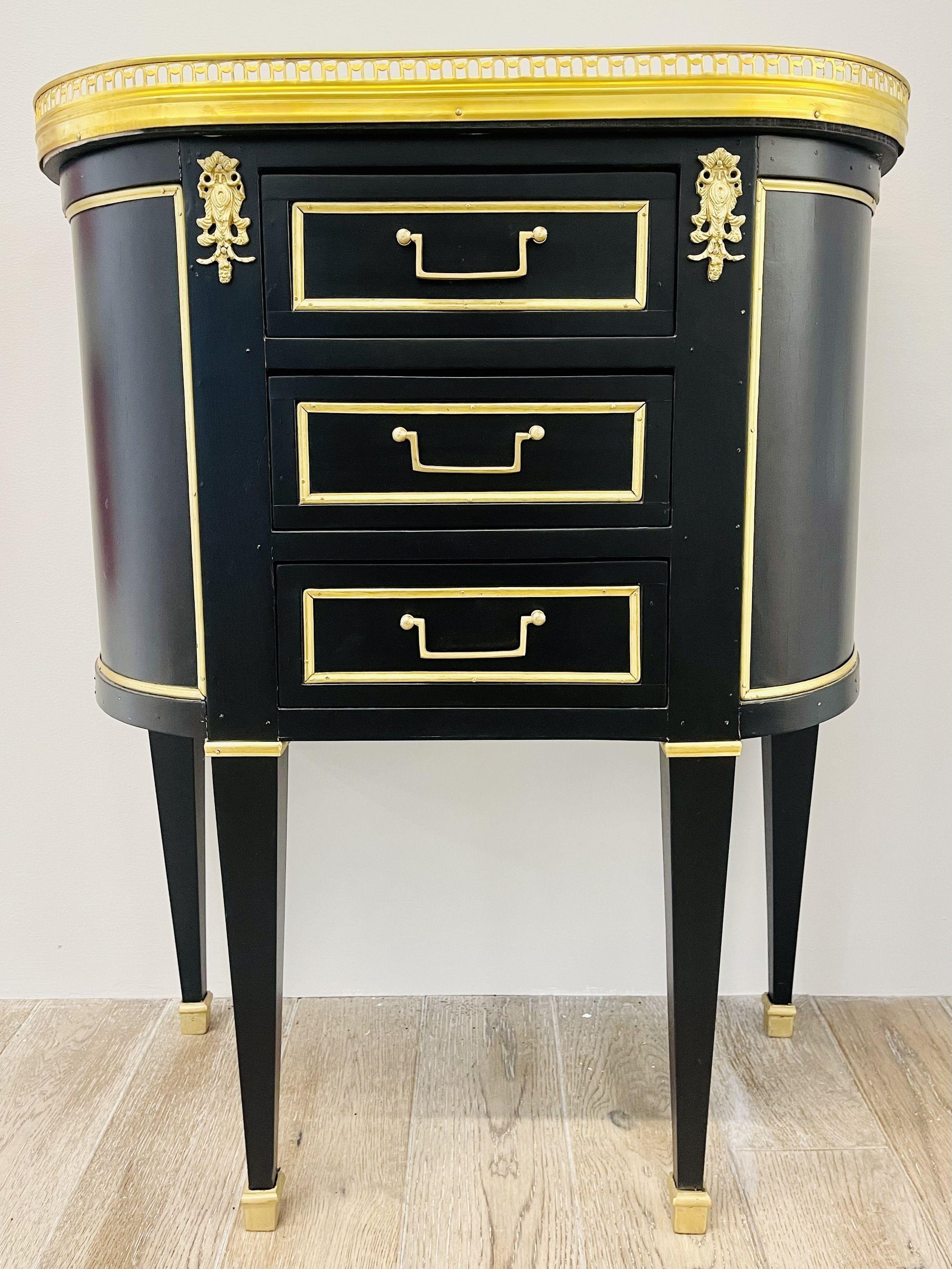 Pair of Jansen Inspired Marble-Top Galleried Ebonized End Tables / Nightstands For Sale 1