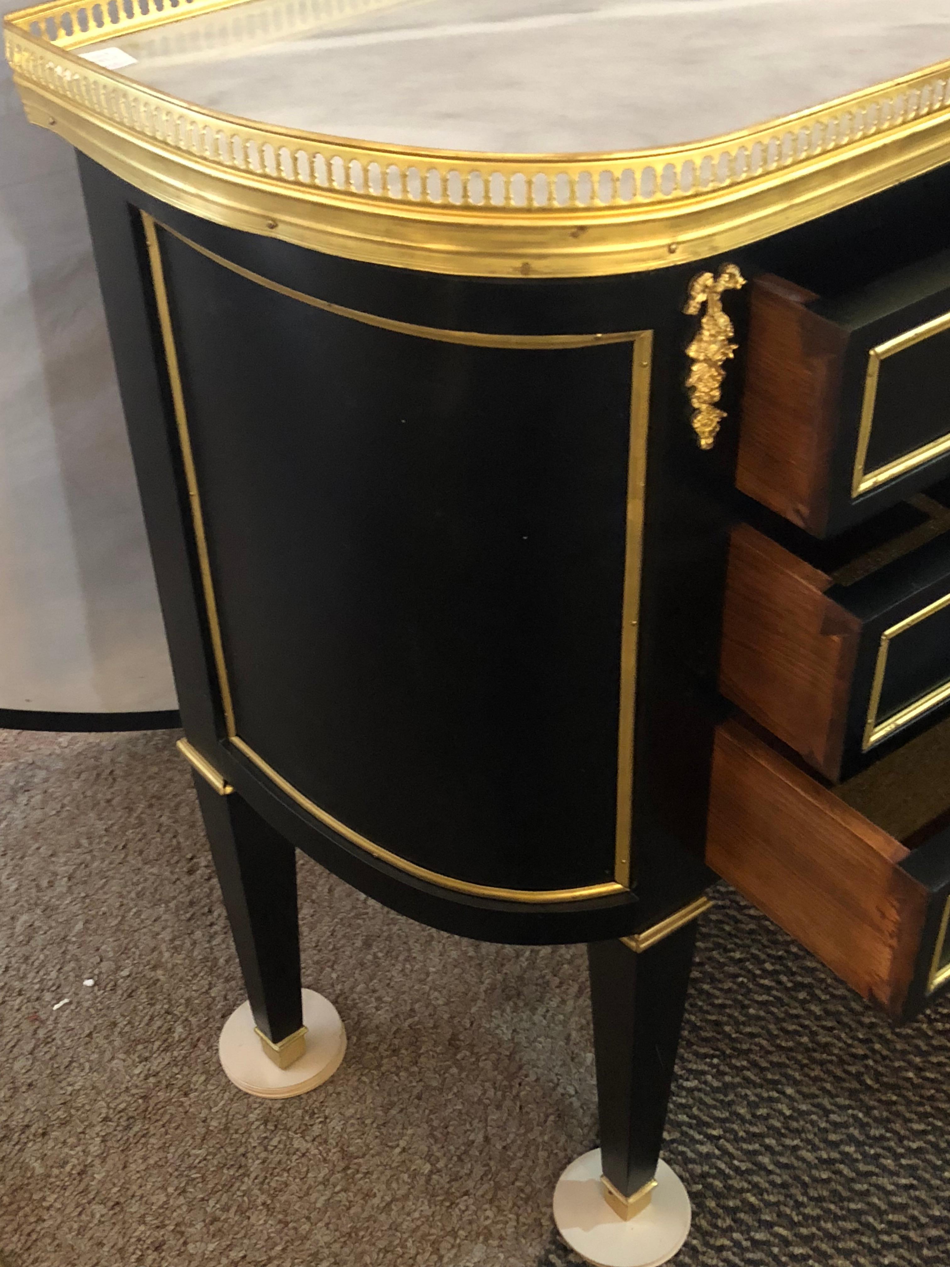 Pair of Jansen Inspired Marble-Top Galleried Ebonized End Tables / Nightstands 1