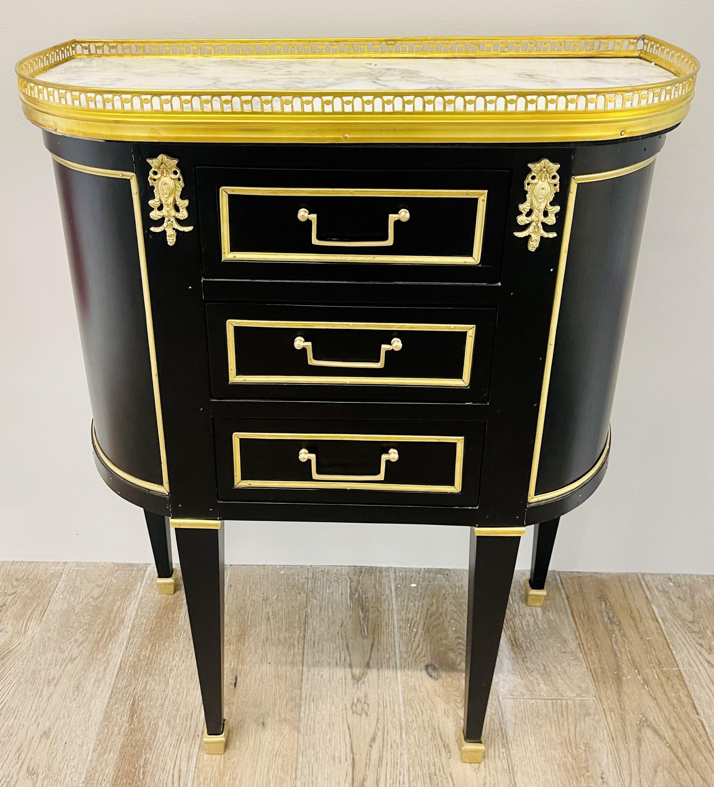 Pair of Jansen Inspired Marble-Top Galleried Ebonized End Tables / Nightstands For Sale 2