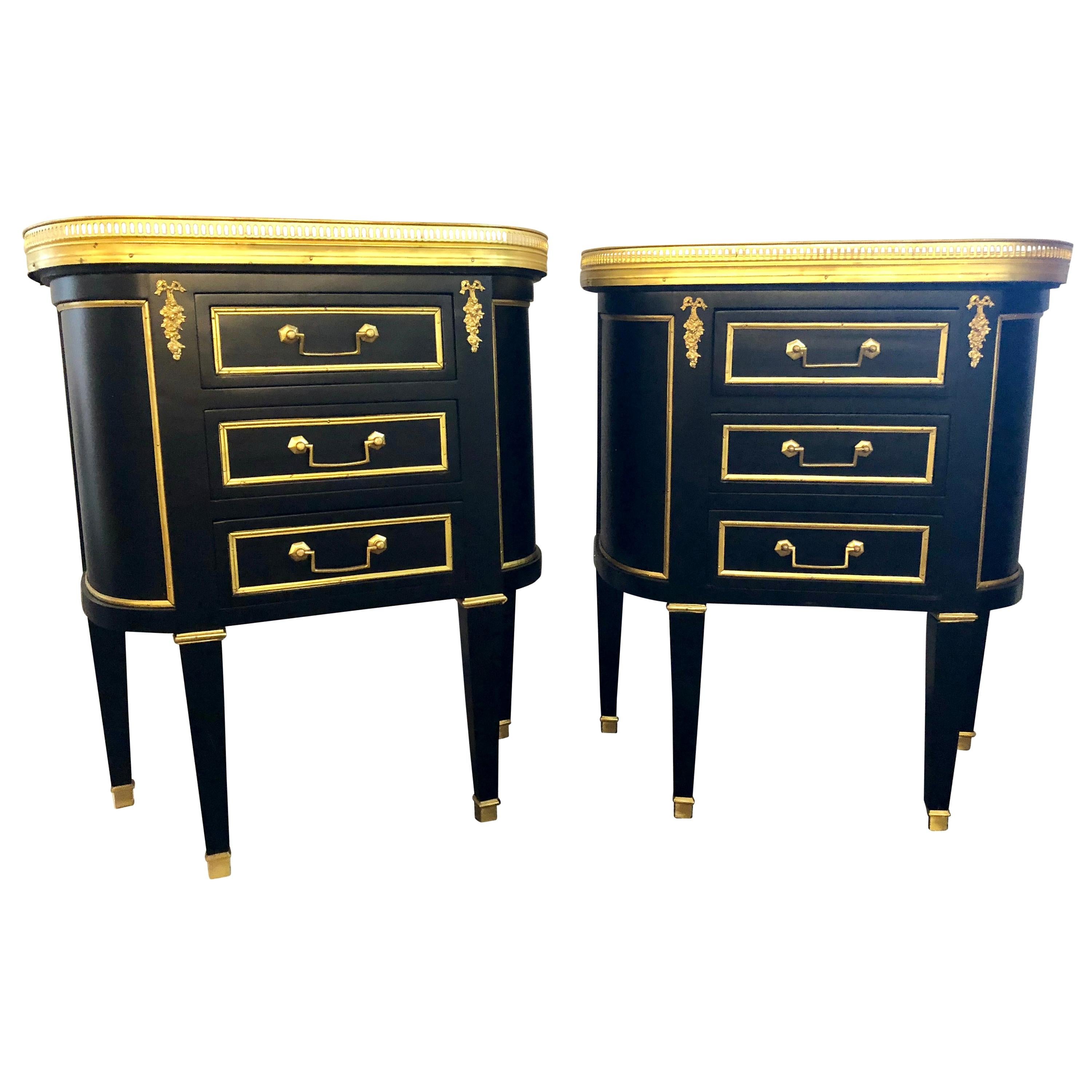 Pair of Jansen Inspired Marble-Top Galleried Ebonized End Tables / Nightstands