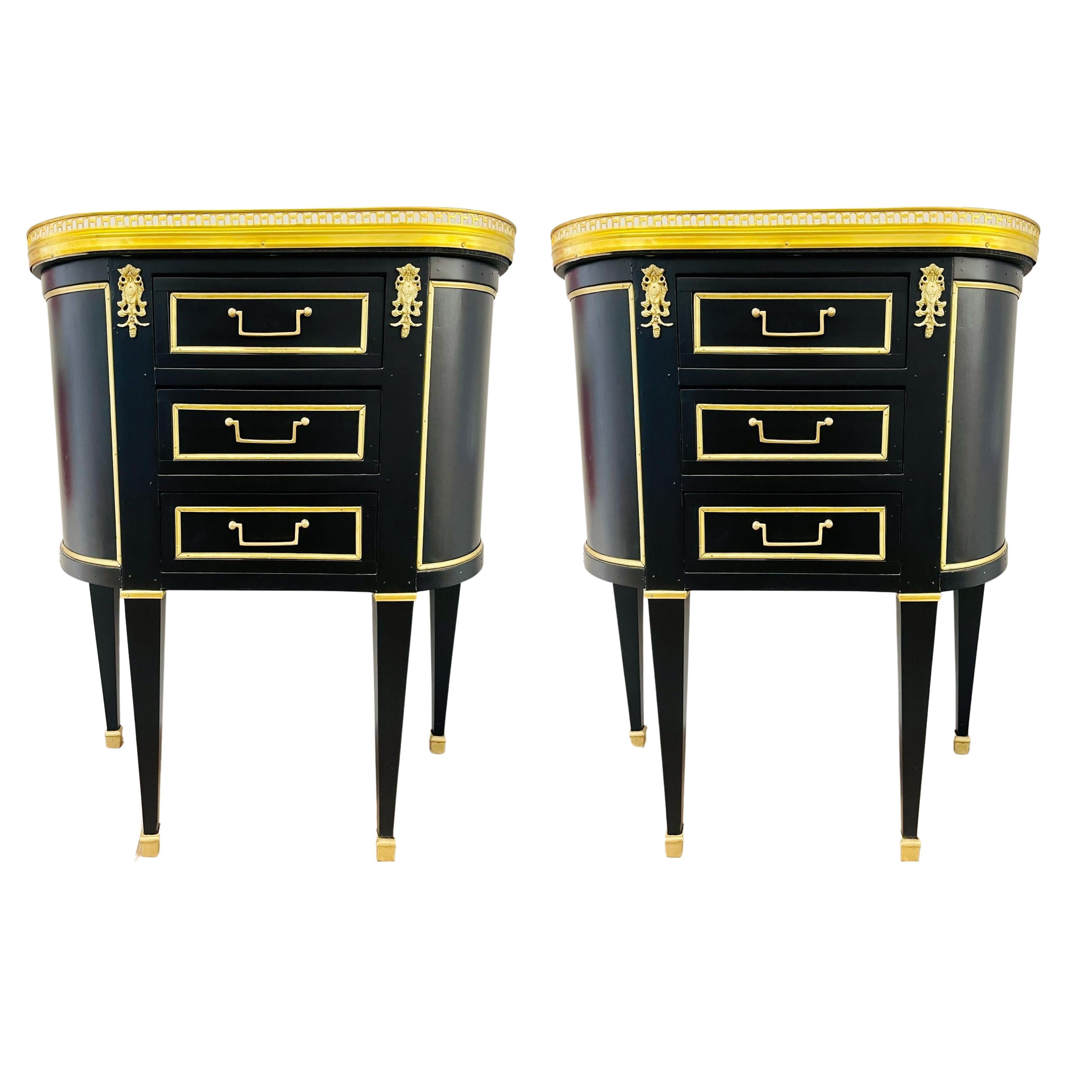 Pair of Jansen Inspired Marble-Top Galleried Ebonized End Tables / Nightstands For Sale