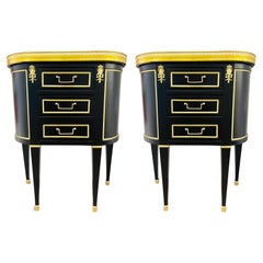 Pair of Jansen Inspired Marble-Top Galleried Ebonized End Tables / Nightstands