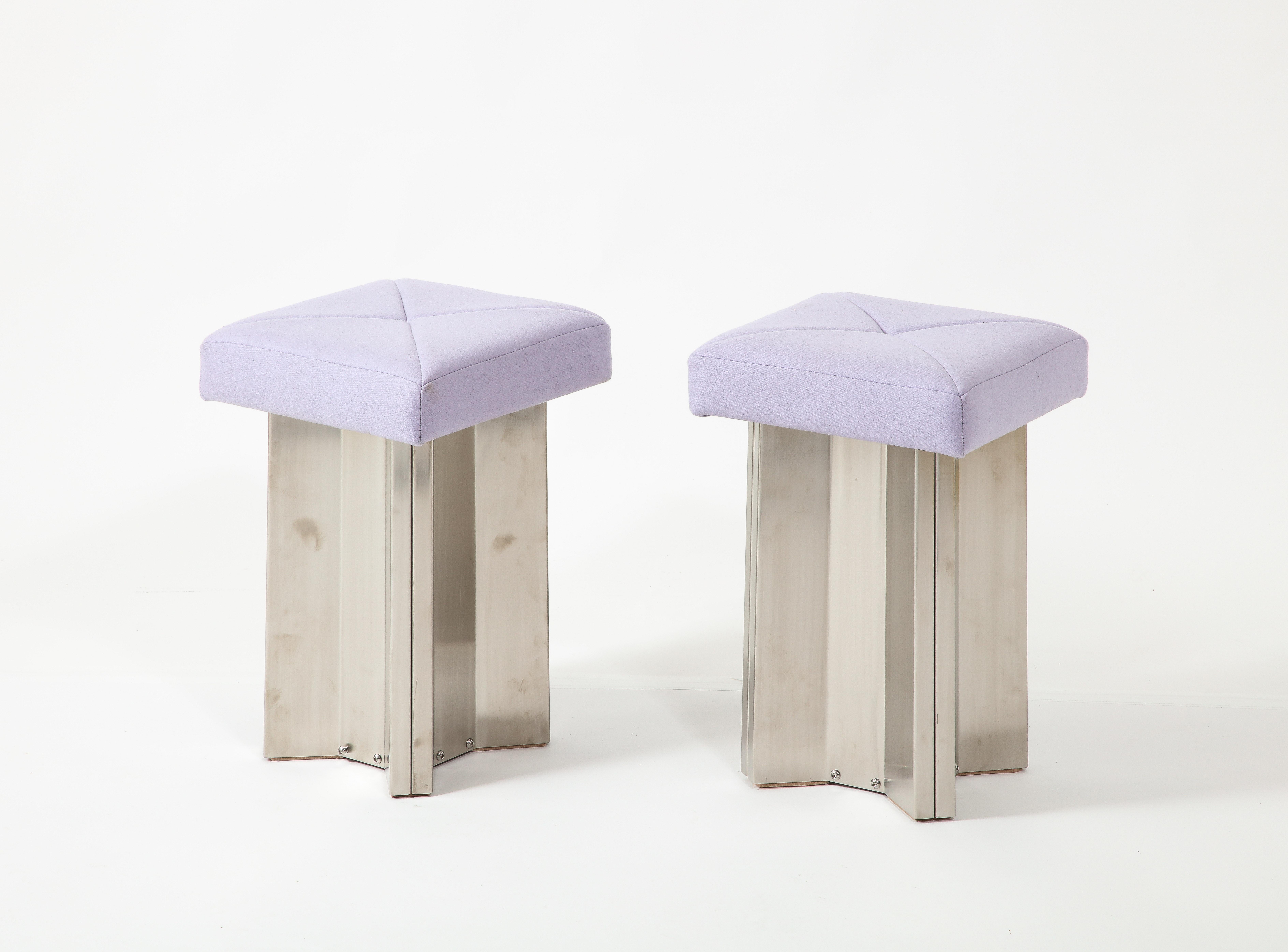 Bent Stainless Steel bases with Lilac cashmere upholstery.
