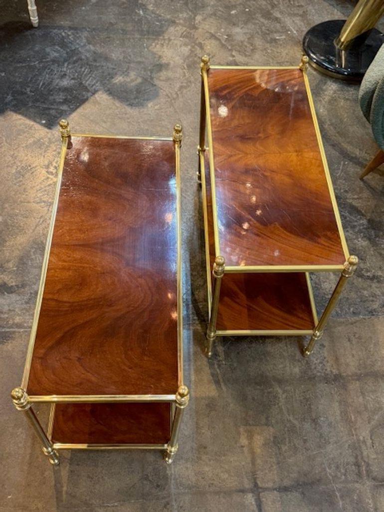 Italian Pair of Jansen Manner Mahogany and Brass Side Tables For Sale