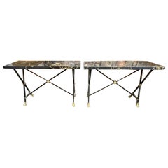 Pair of Jansen Manner Steel Consoles with Marble Tops