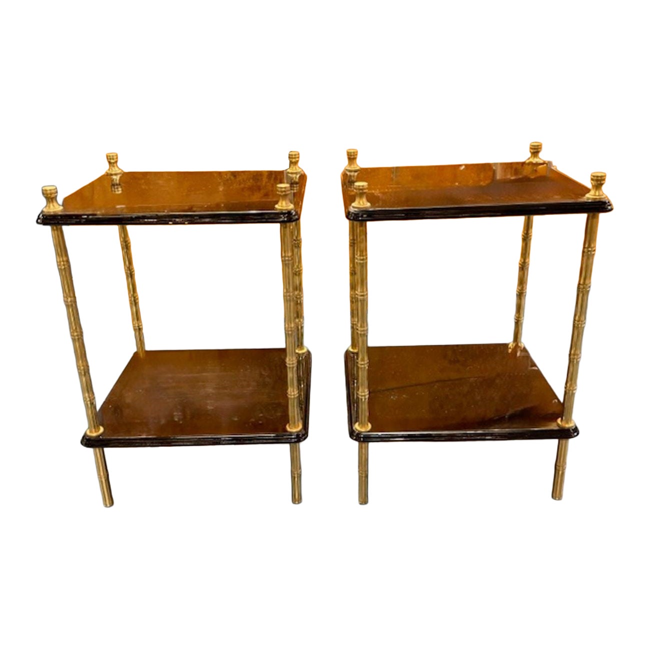 Pair of Jansen Style Black Lacquered and Brass Side Tables