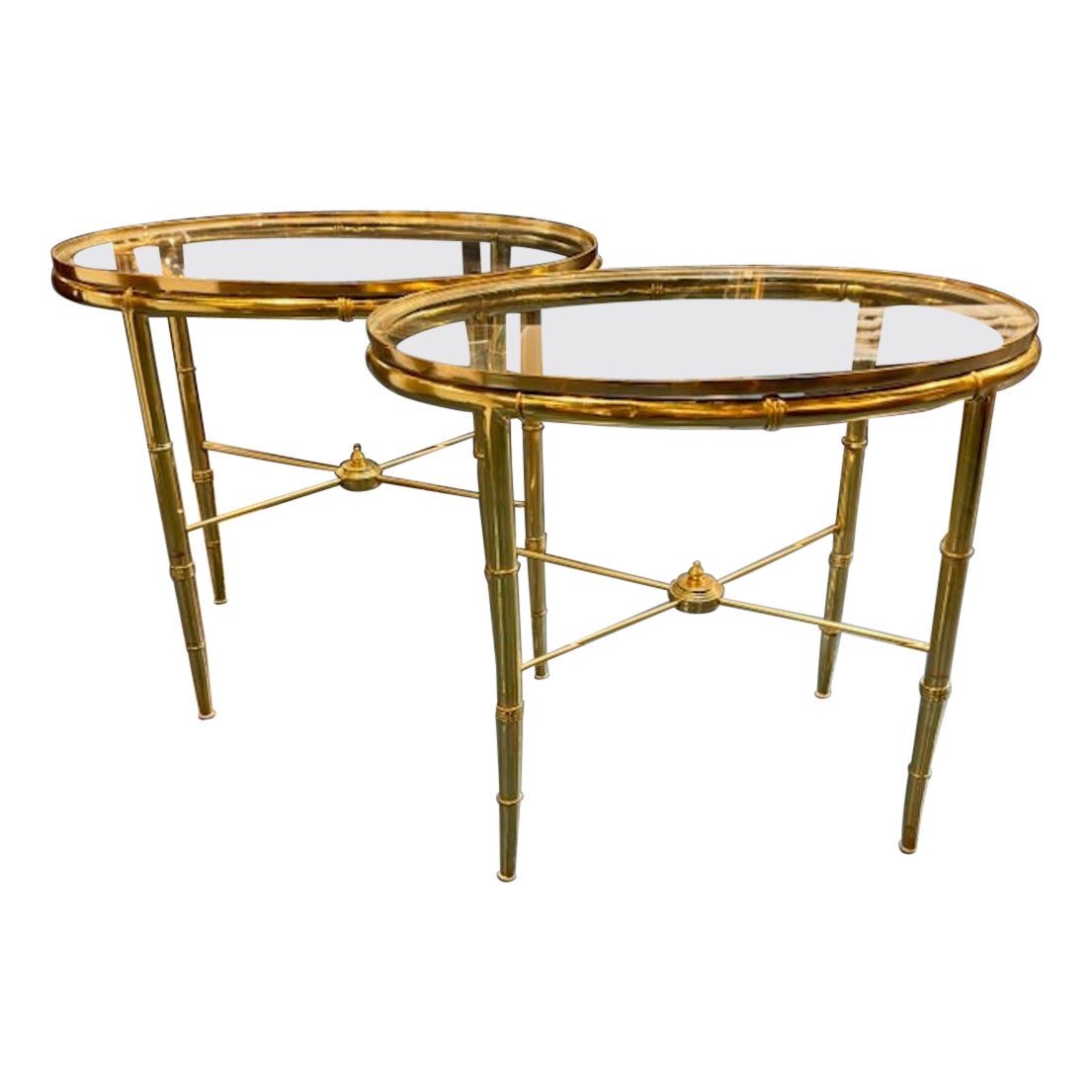 Pair of Jansen Style Brass Bamboo Form and Glass Side Tables
