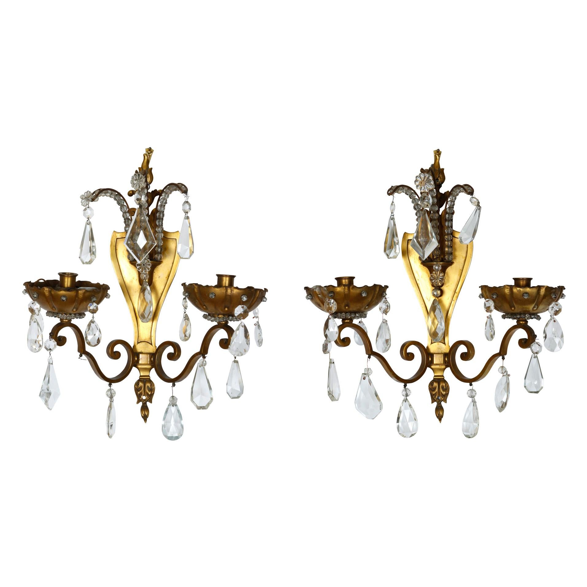 20th Century Pair of Jansen Style Bronze Sconces with Crystal Prisms For Sale
