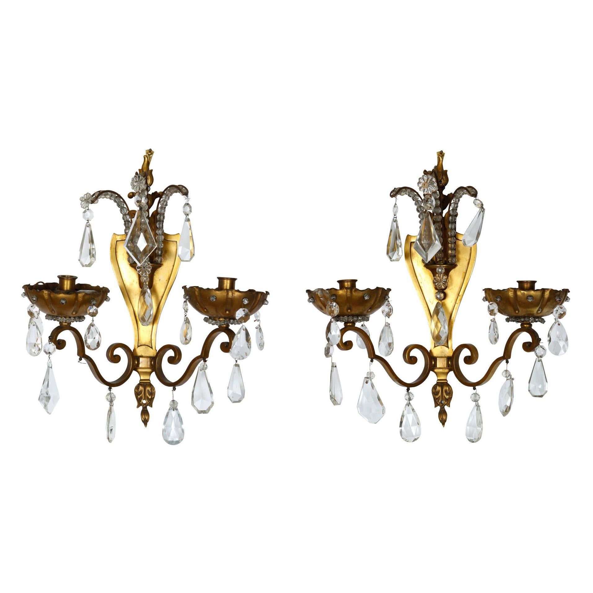Pair of Jansen Style Bronze Sconces with Crystal Prisms For Sale