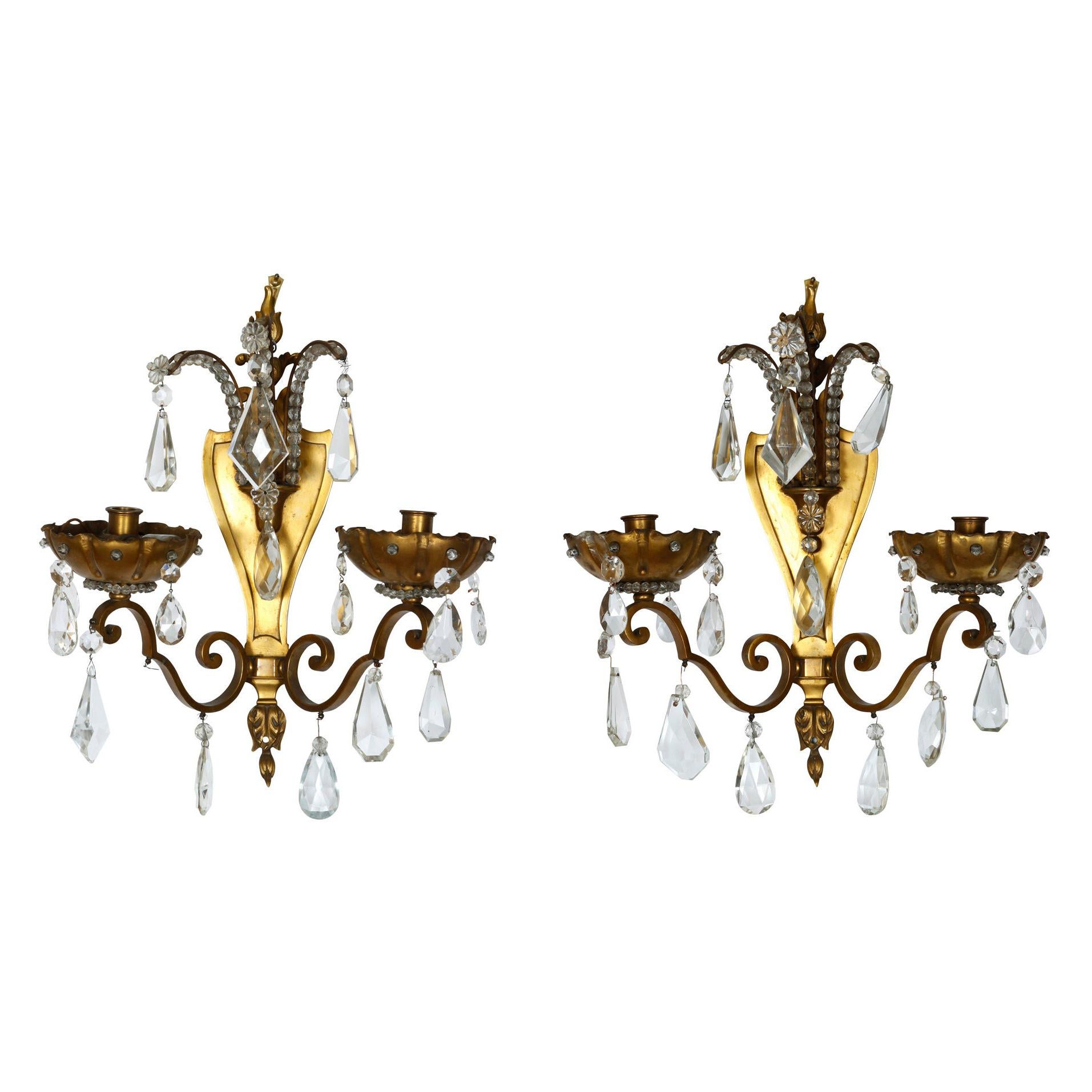 Coppia di lampade in bronzo in stile Jansen con prismi di cristallo