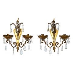 Pair of Jansen Style Bronze Sconces with Crystal Prisms