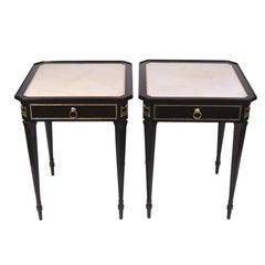 Pair of Jansen Style Ebonized Leather Top End Tables with Greek Key Design, 1940