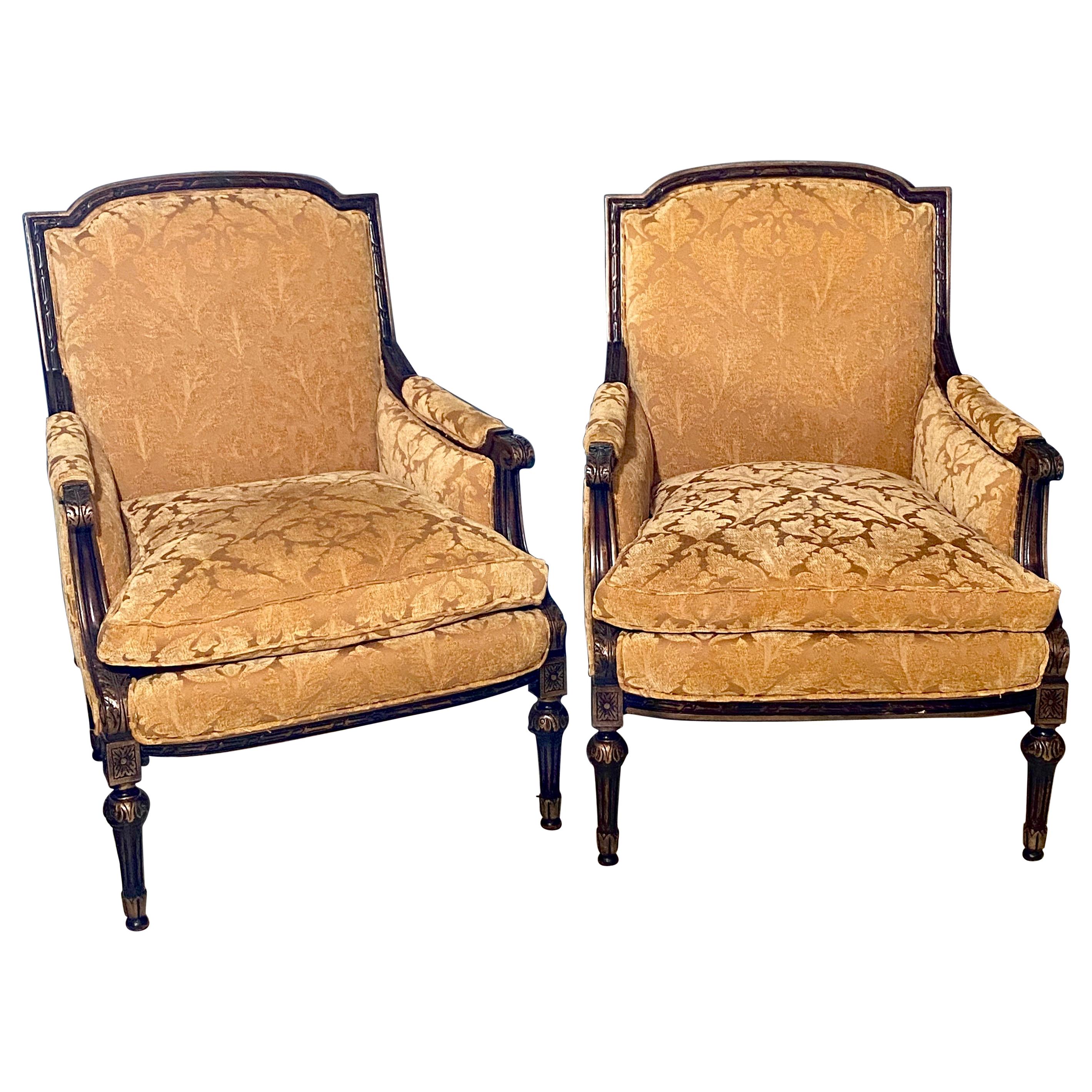 Pair of Jansen Style Fauteuils or Armchairs, Louis XVI Form with Velvet Fabric For Sale