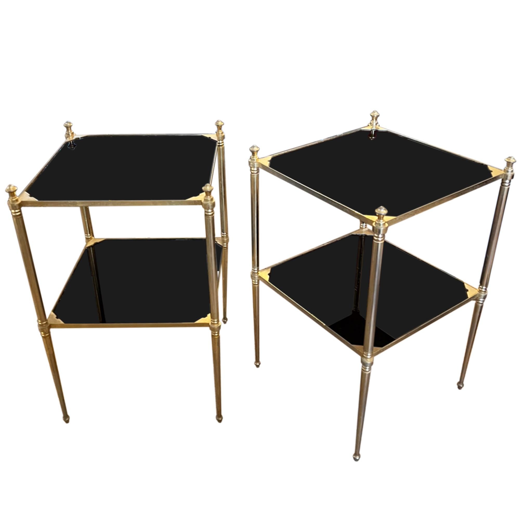 Mid-Century Modern Pair of Jansen Style French Midcentury Side Tables With Black Glass For Sale