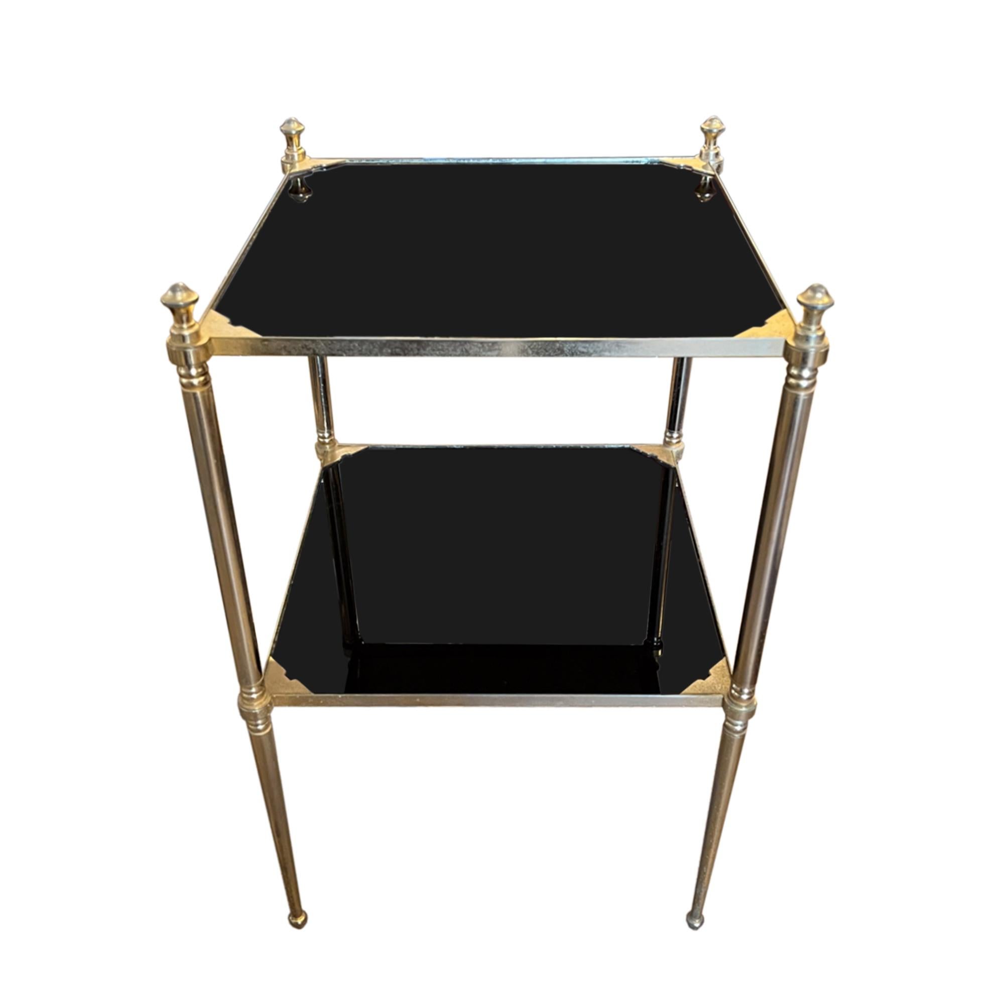 Hand-Crafted Pair of Jansen Style French Midcentury Side Tables With Black Glass For Sale