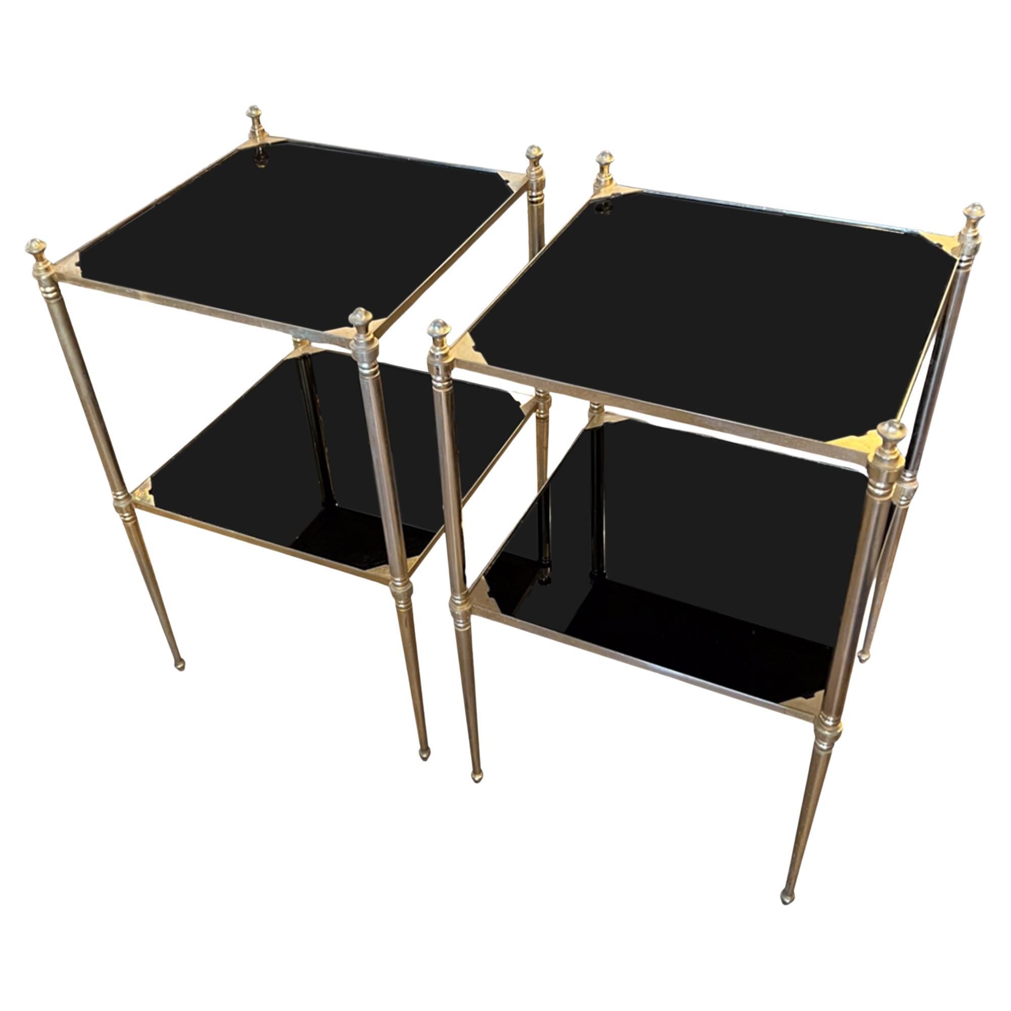 Pair of Jansen Style French Midcentury Side Tables With Black Glass For Sale