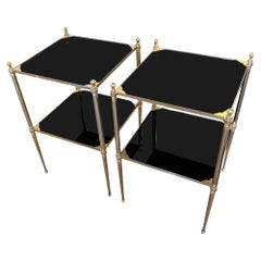 Vintage Pair of Jansen Style French Midcentury Side Tables With Black Glass