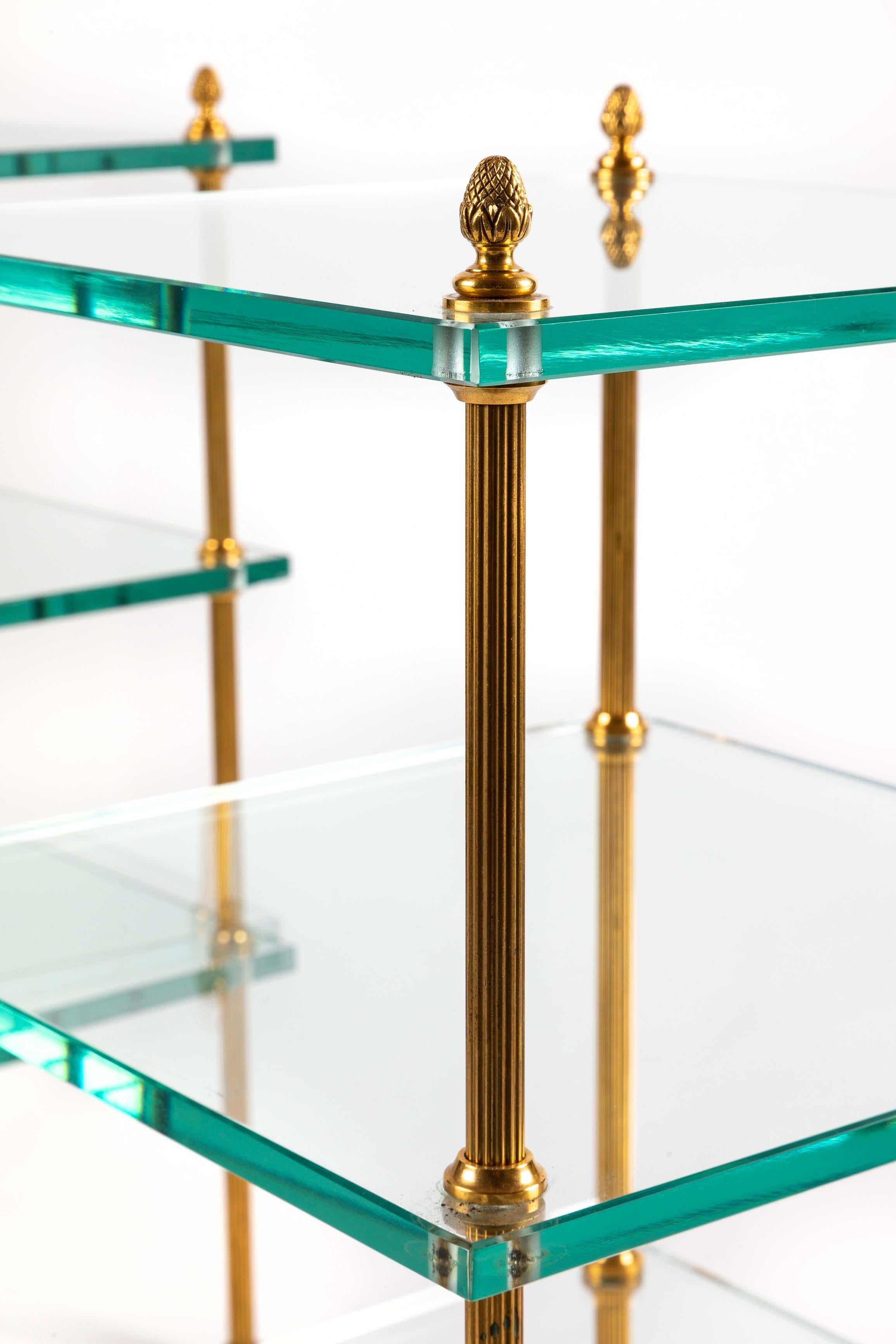 Pair of Jansen Style Gilt Bronze and Glass Triple Tier Side Tables For Sale 4