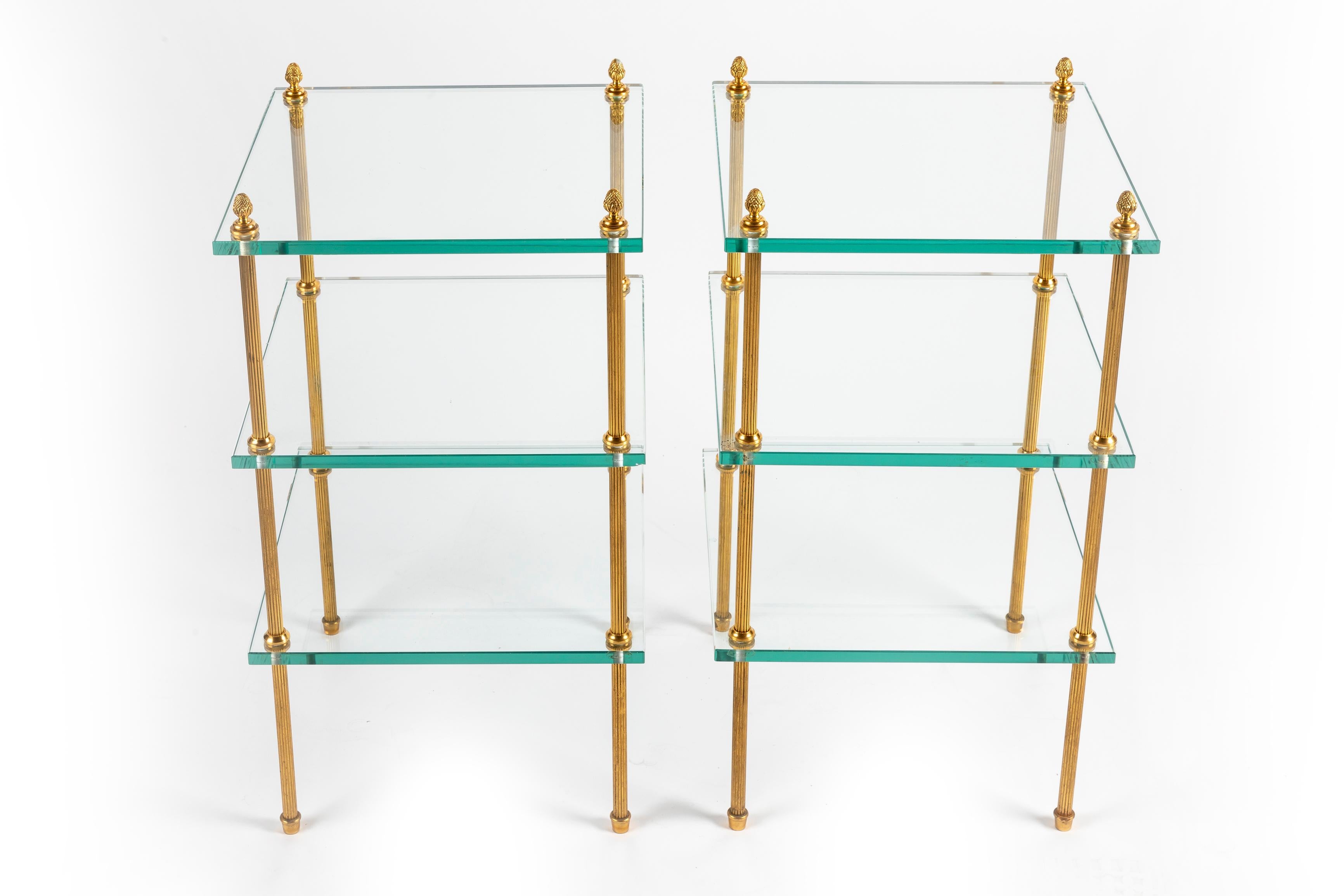 Louis XVI Pair of Jansen Style Gilt Bronze and Glass Triple Tier Side Tables For Sale