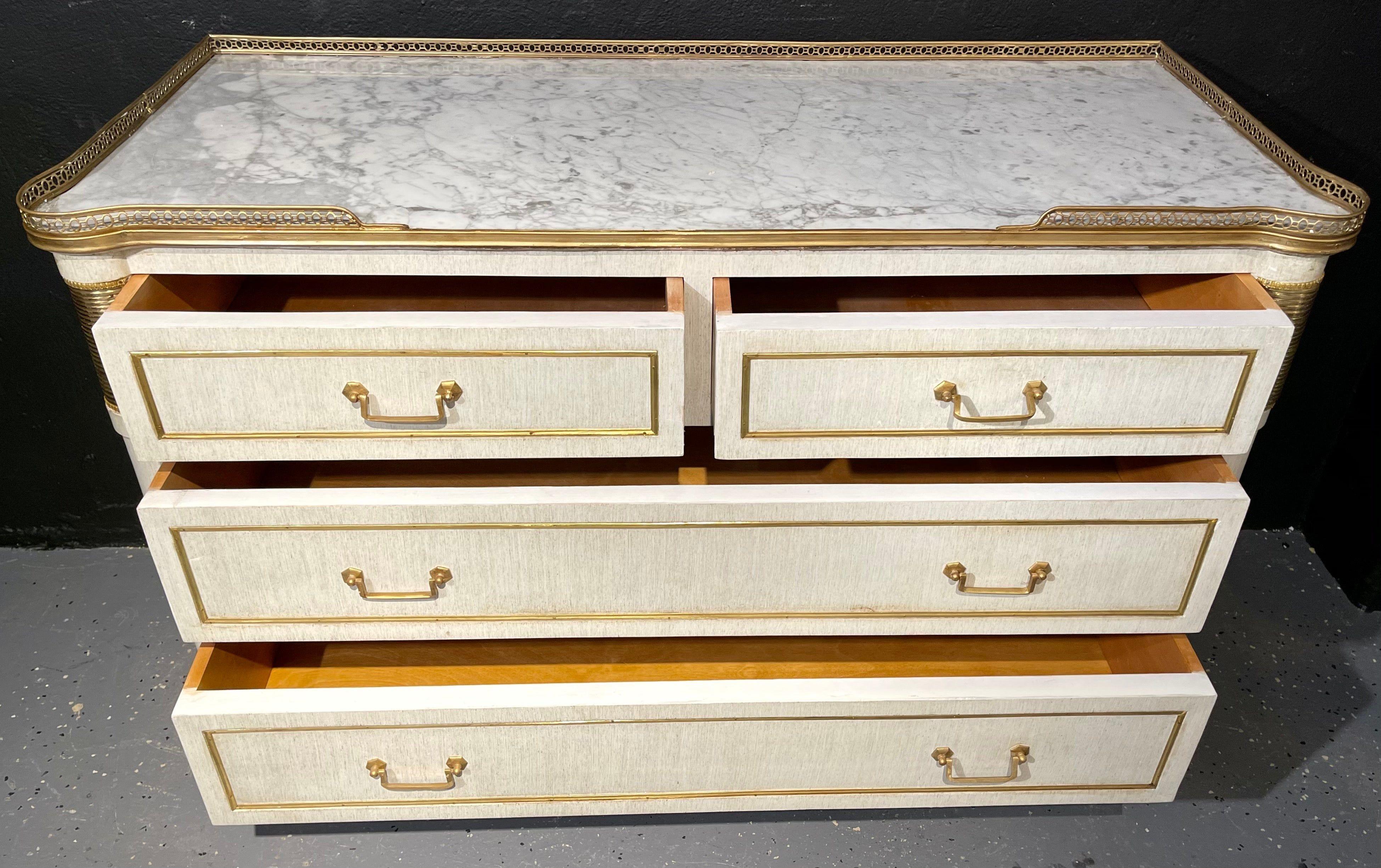 Pair of Jansen Style Marble Top Commodes / Nightstands Painted Linen Finished 7