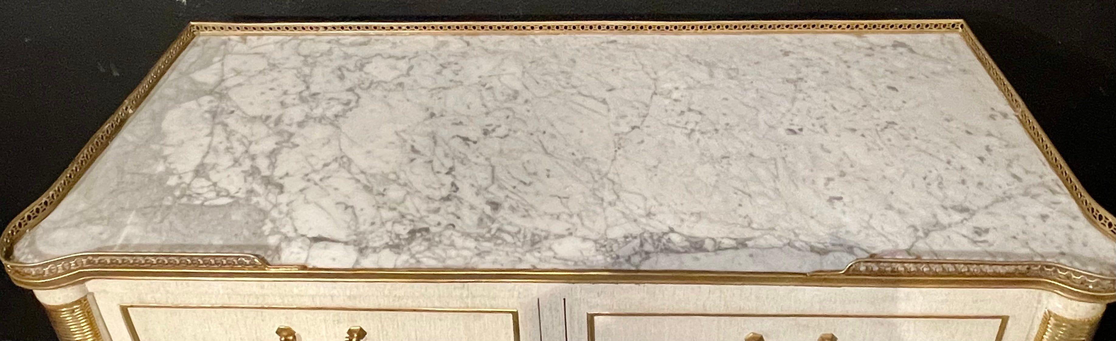 Bronze Pair of Jansen Style Marble Top Commodes / Nightstands Painted Linen Finished