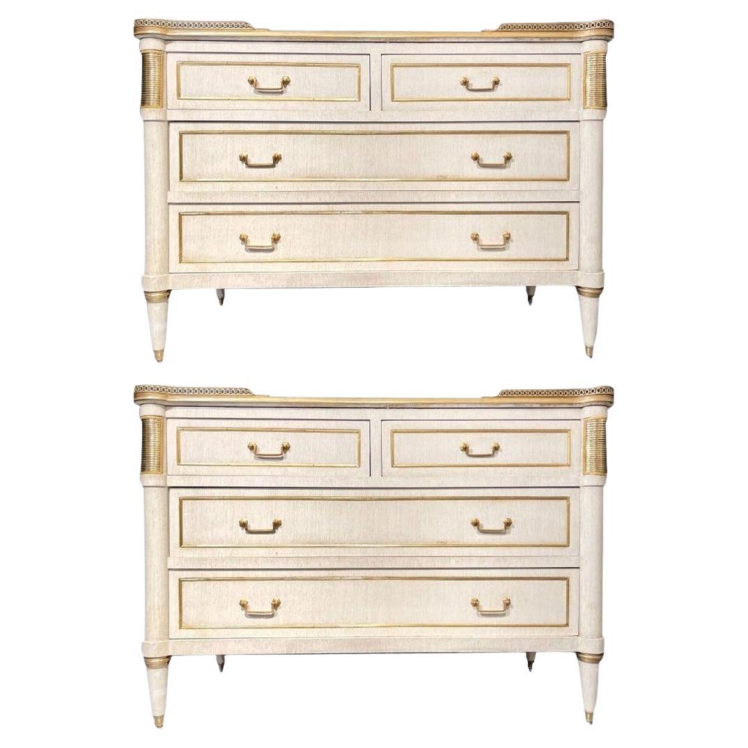 Pair of Jansen Style Marble Top Commodes / Nightstands Painted Linen Finished