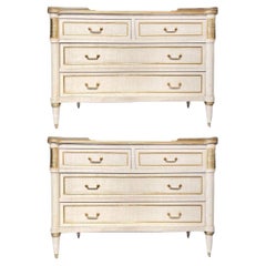 Pair of Jansen Style Marble Top Commodes / Nightstands Painted Linen Finished