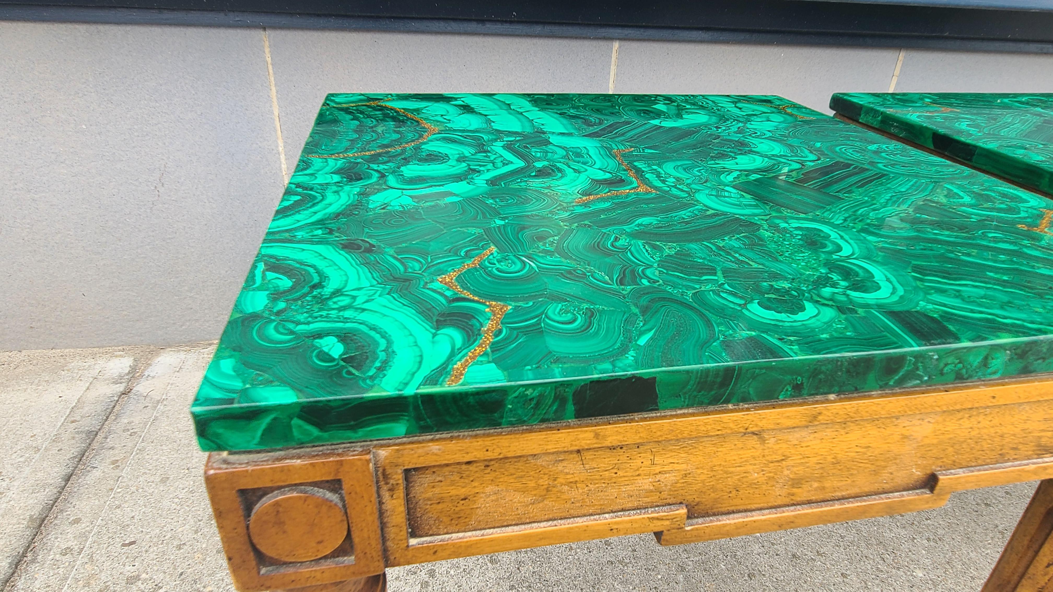 Neoclassical Revival Pair of Jansen Style Side Tables with Malachite Tops For Sale