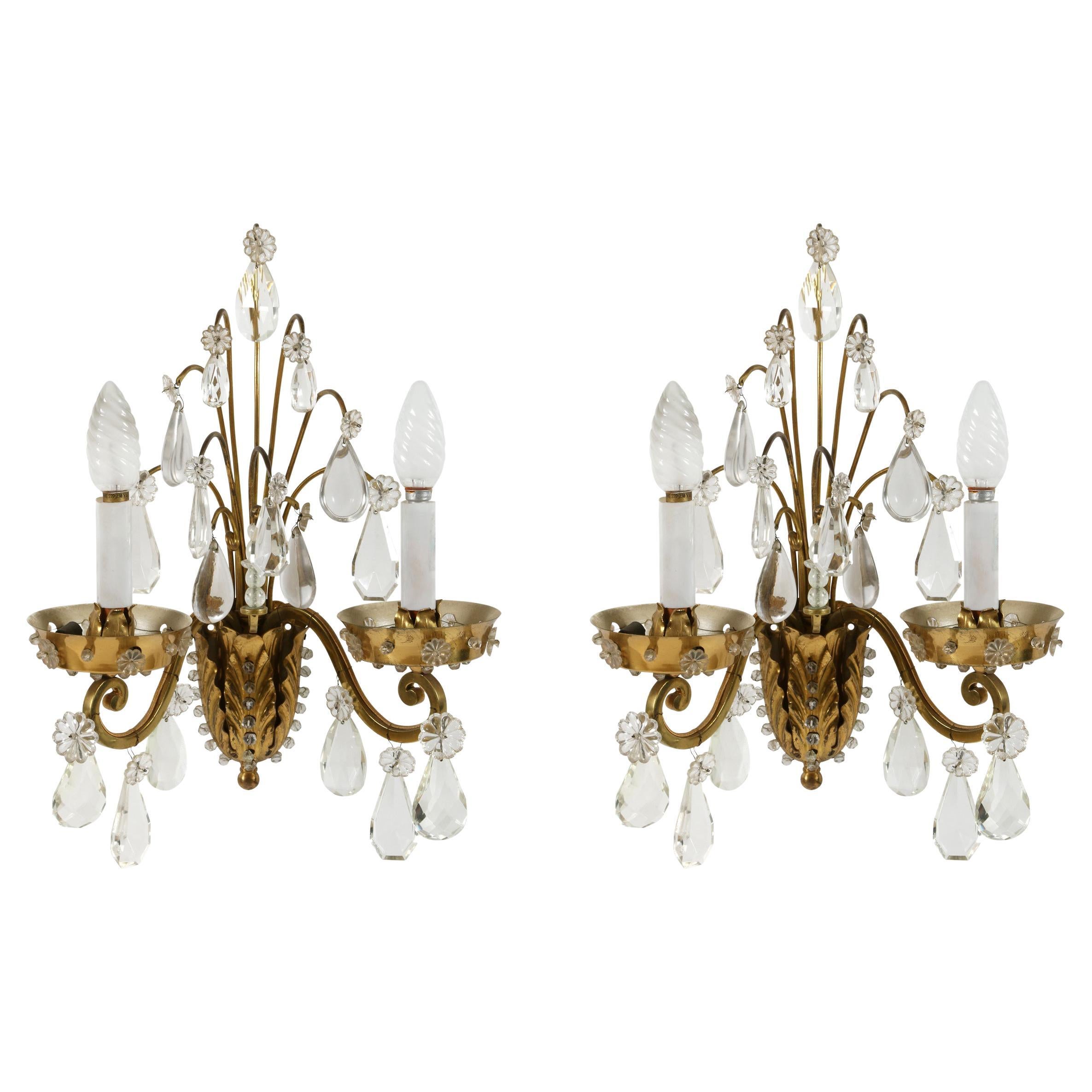 Pair of Jansen Style Two Arm Brass Sconces with Attached Crystals