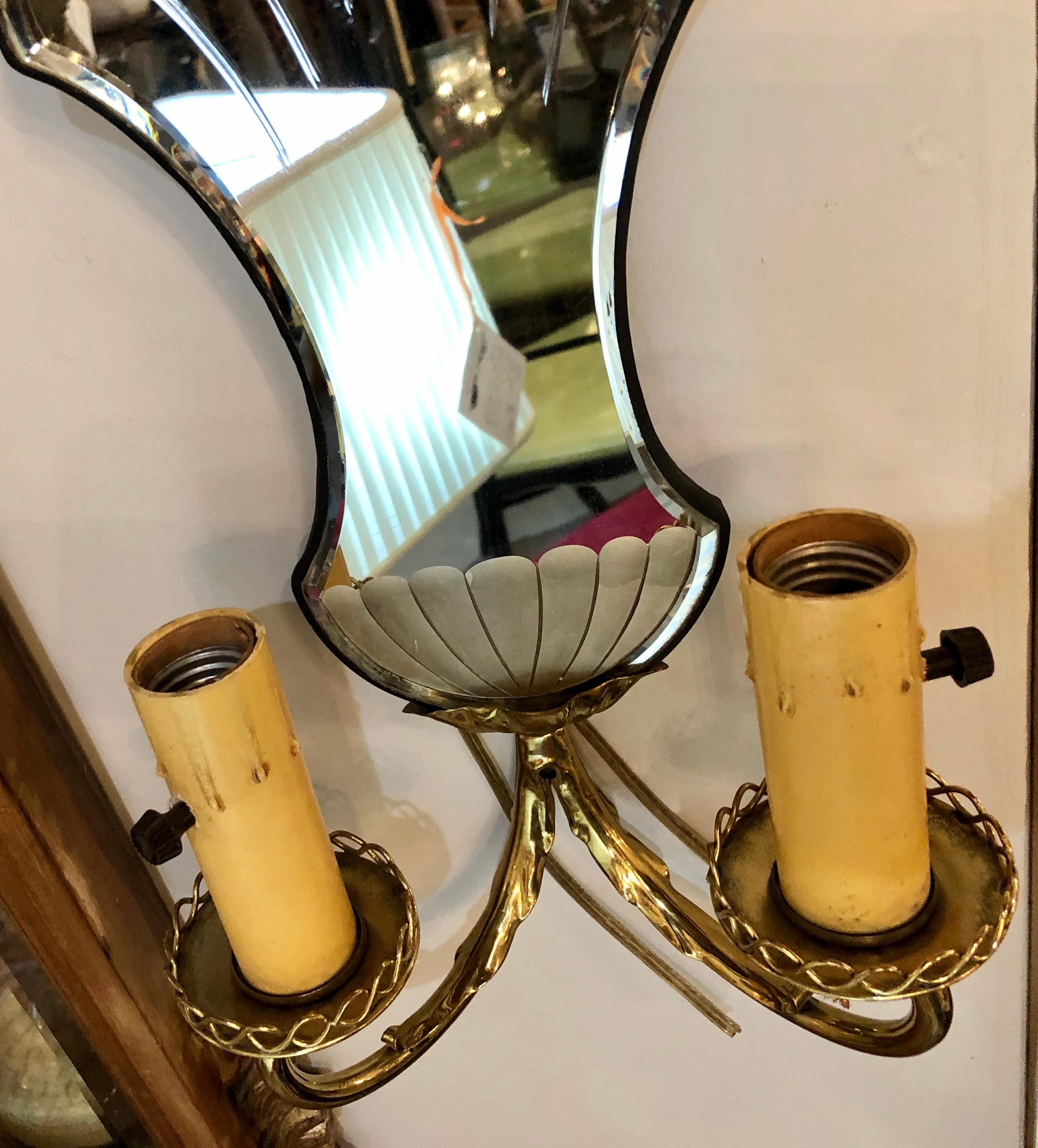 Metal Pair of Jansen Wall Sconces, Hollywood Regency Era with Mirror Backs For Sale