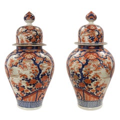 Pair of Japanese 19th Century Imari Lidded Urns
